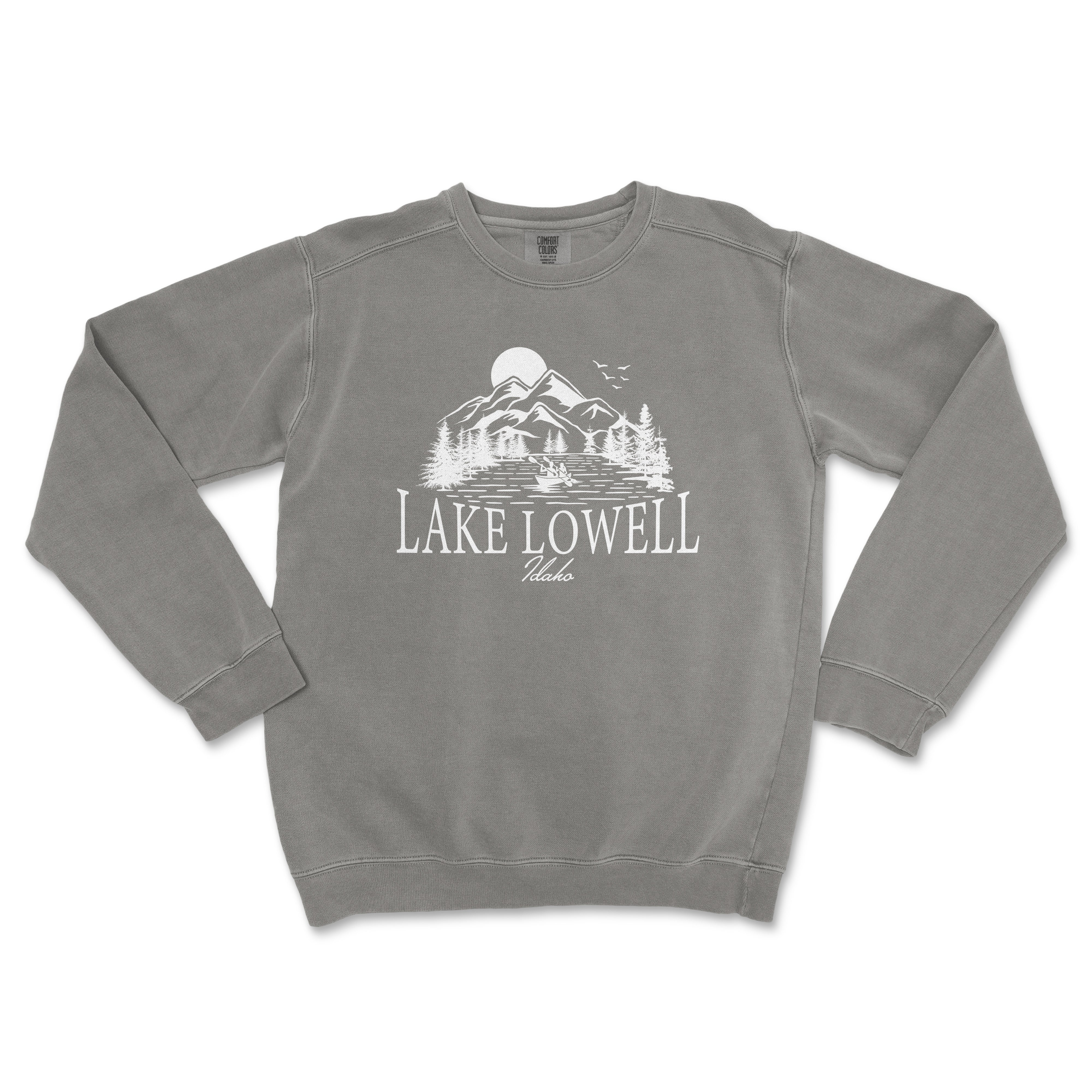 a gray sweatshirt with the lake lowell logo on it