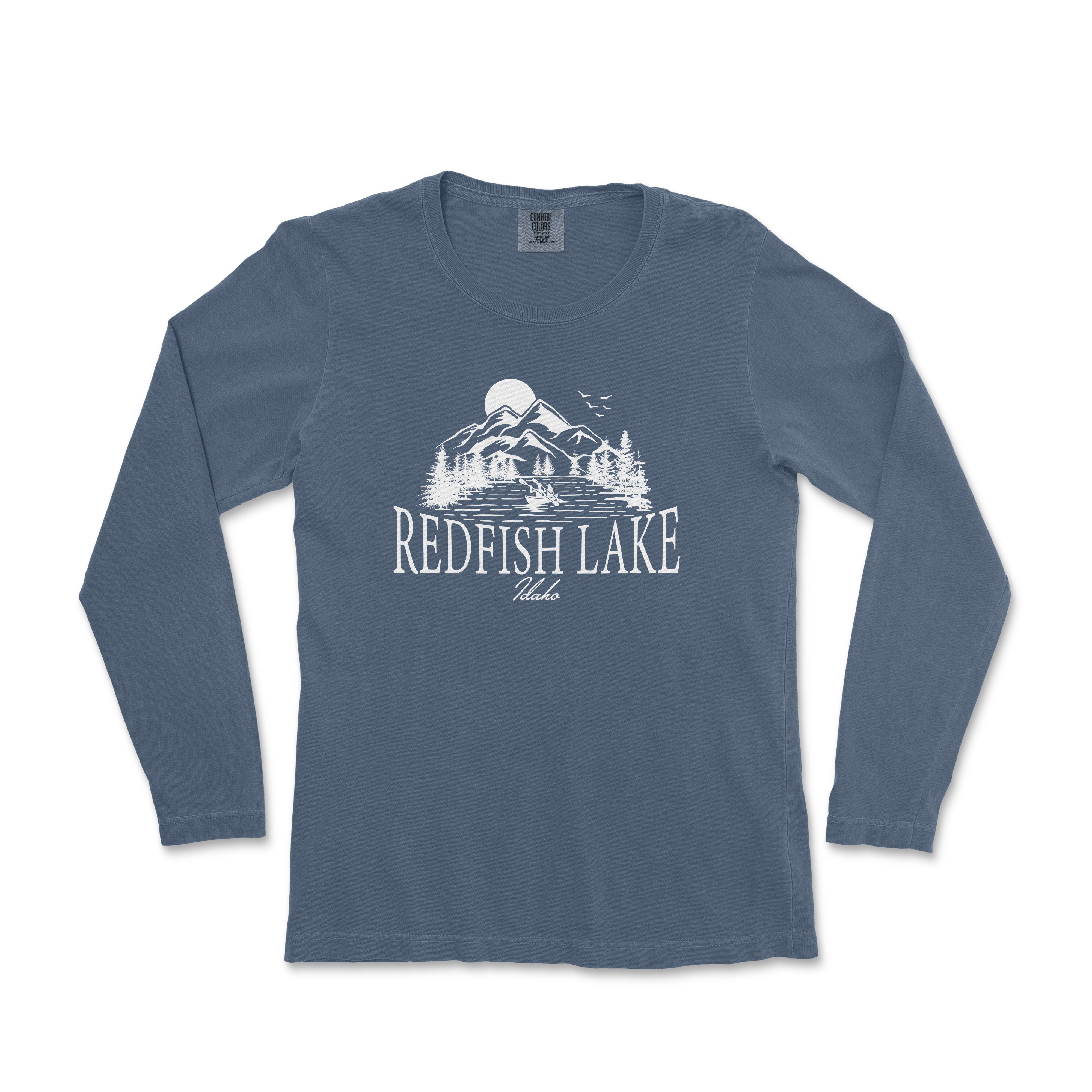 a blue long sleeve shirt with the words redfish lake on it