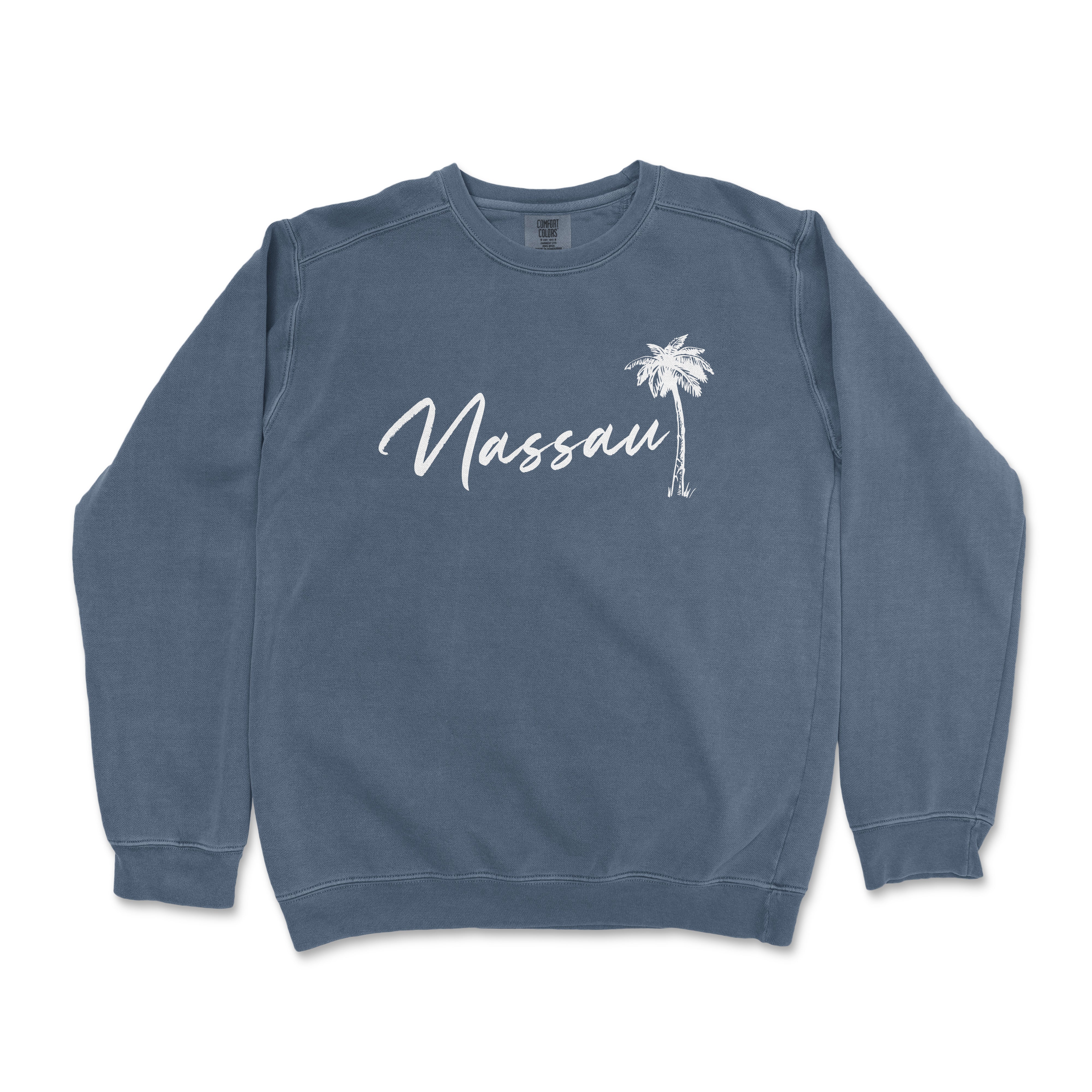 a blue sweatshirt with the word massau written in white