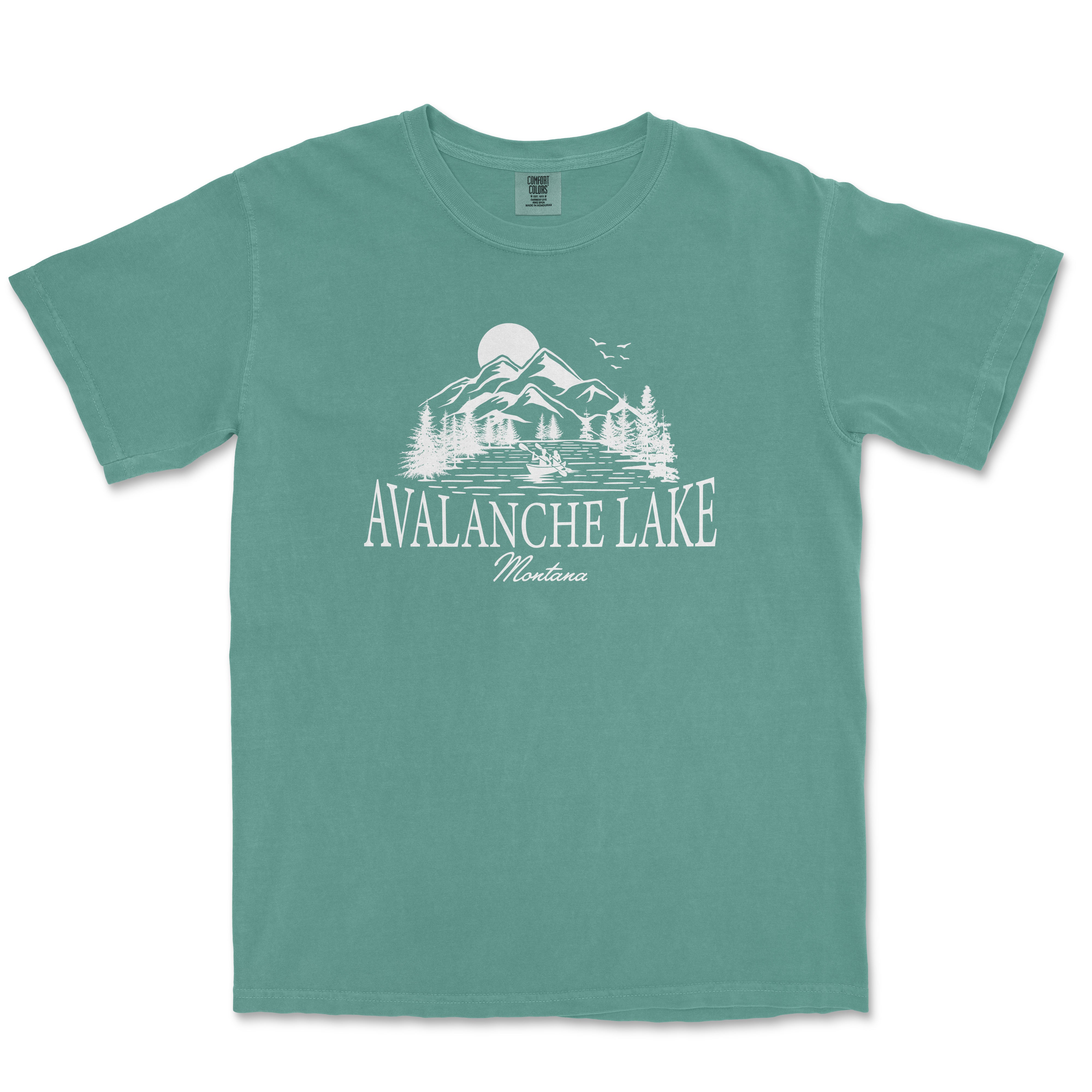 a t - shirt with the words avalanche lake on it