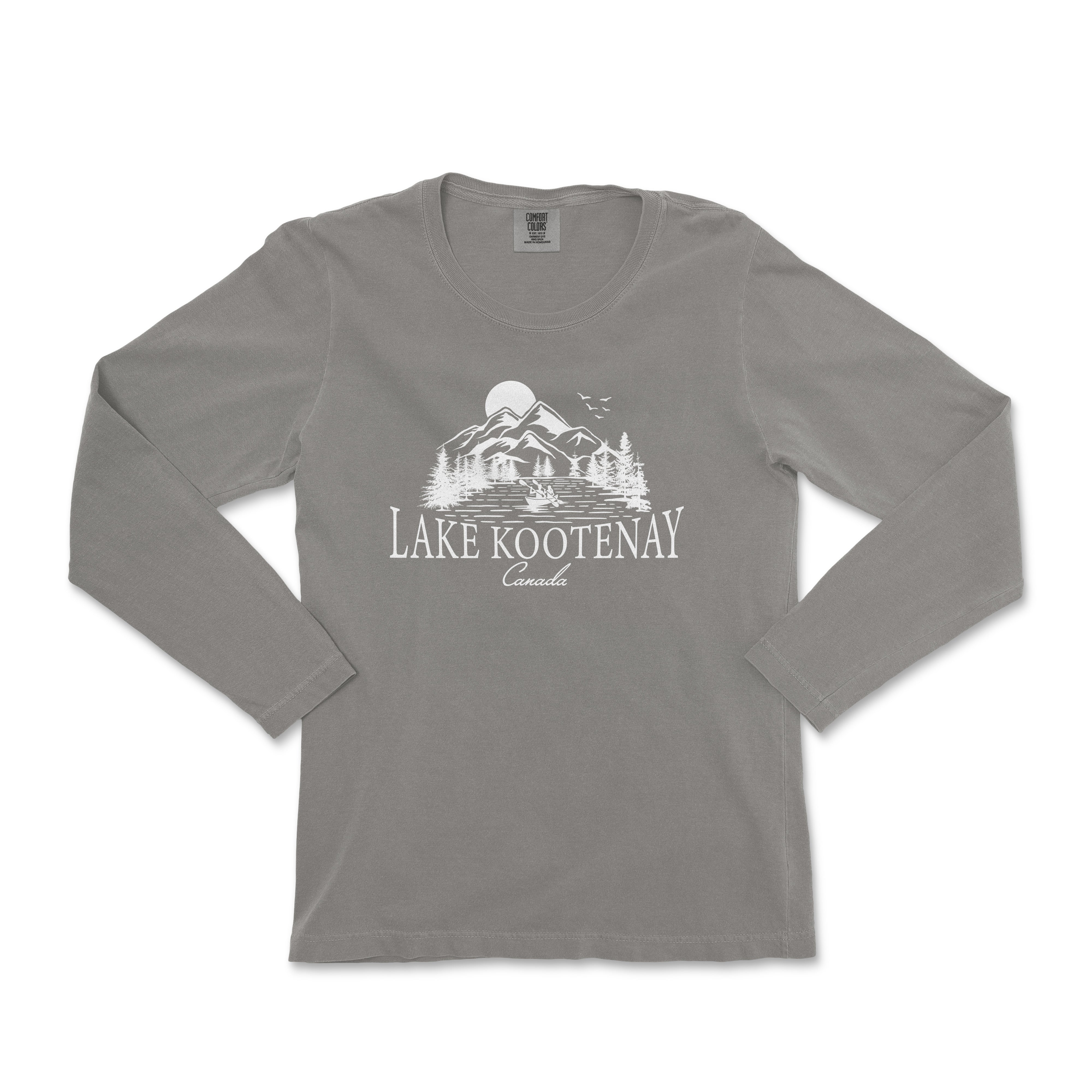 a gray long sleeve shirt with a lake kooteenai logo on the front