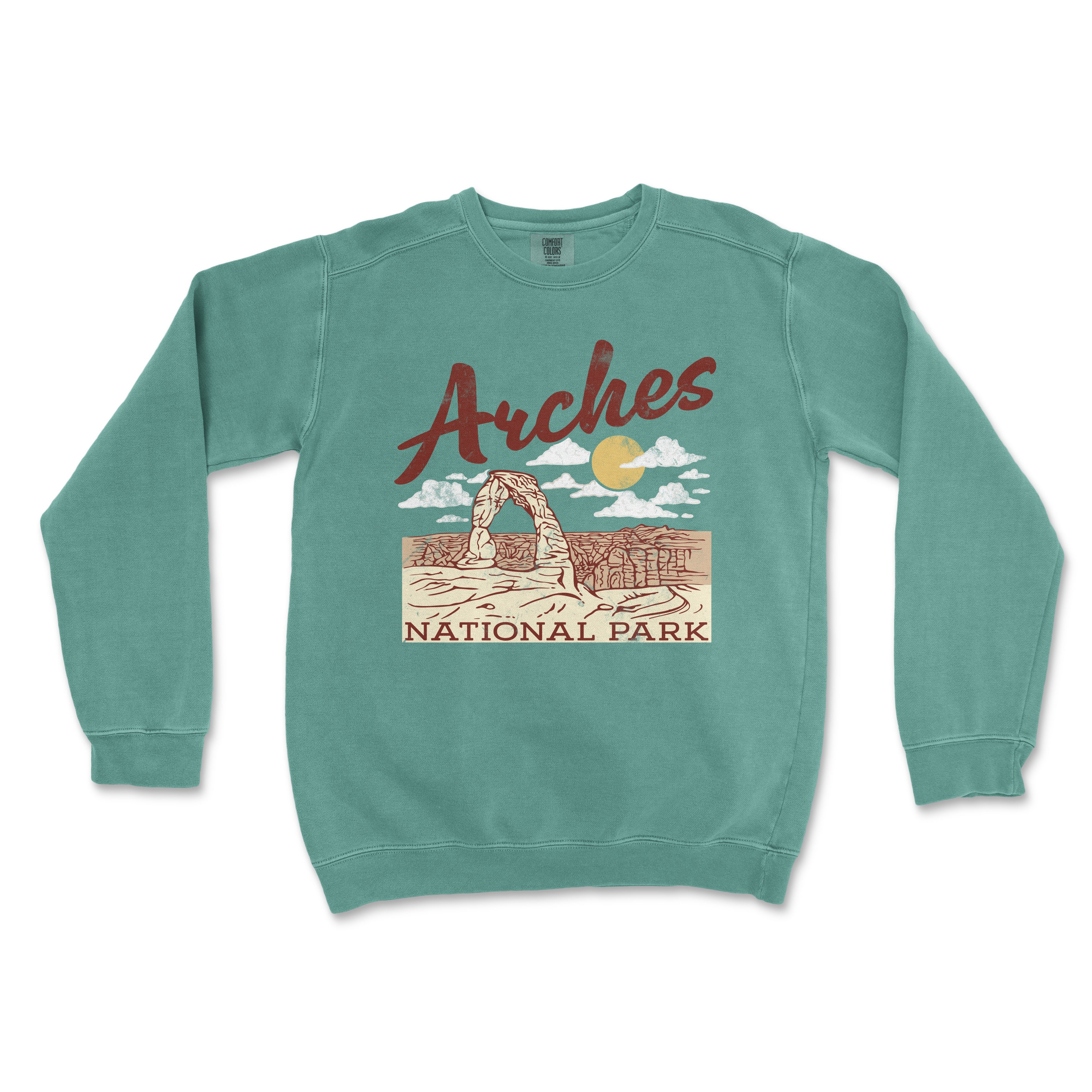 a green sweatshirt with arches national park on it