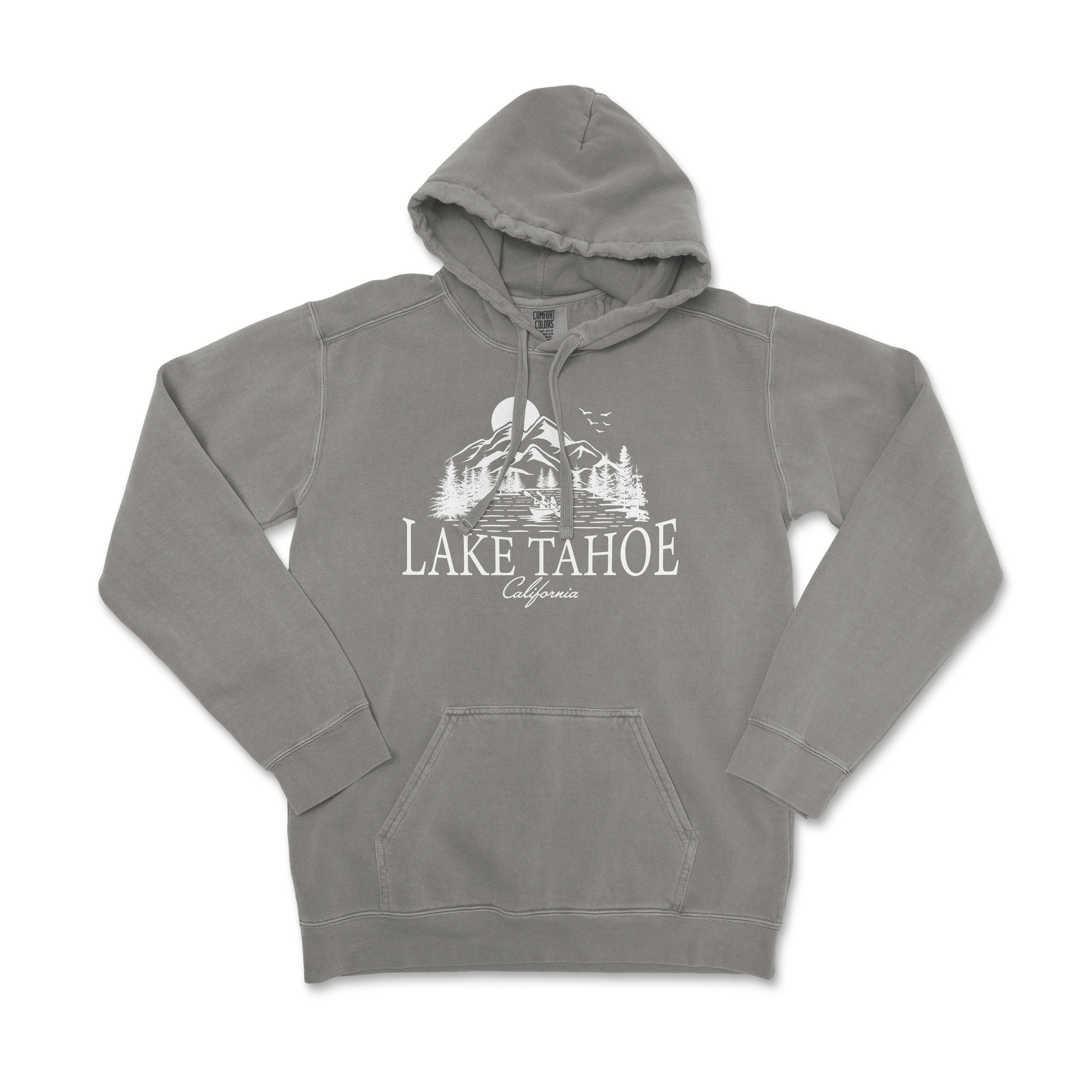 a gray lake tahoe hoodie on a white background