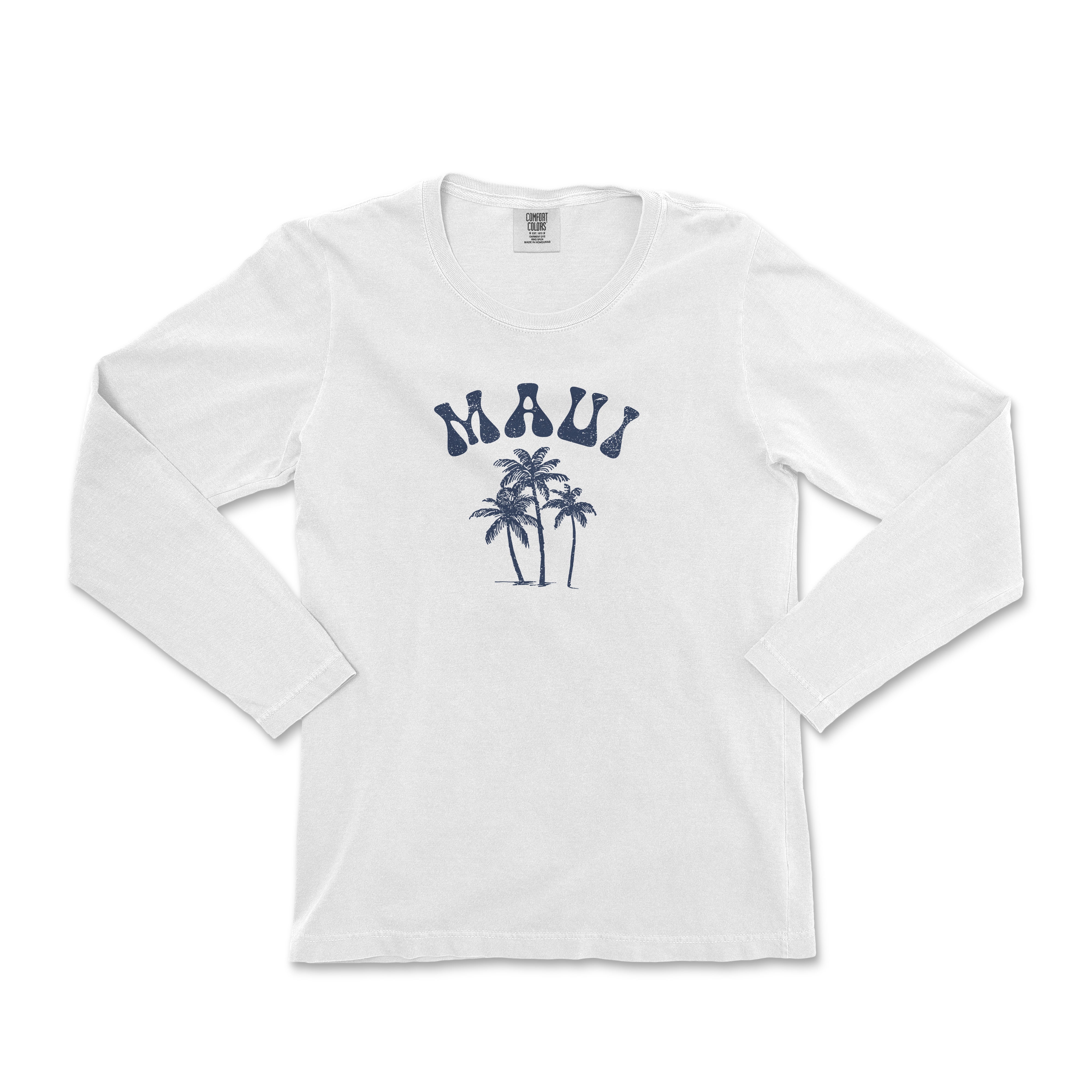 a white long sleeve shirt with palm trees on it