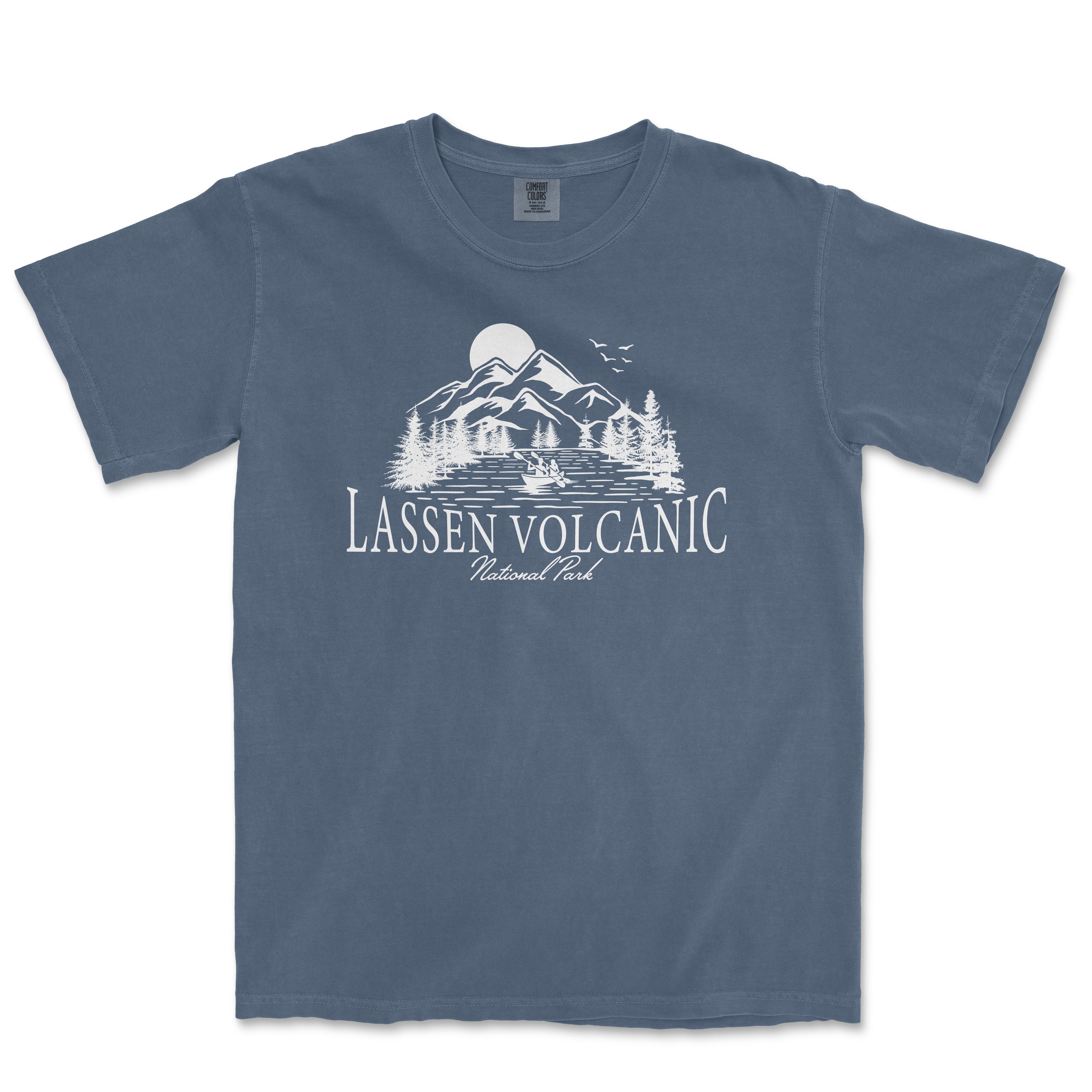 a blue t - shirt with the lassen volcano logo on it