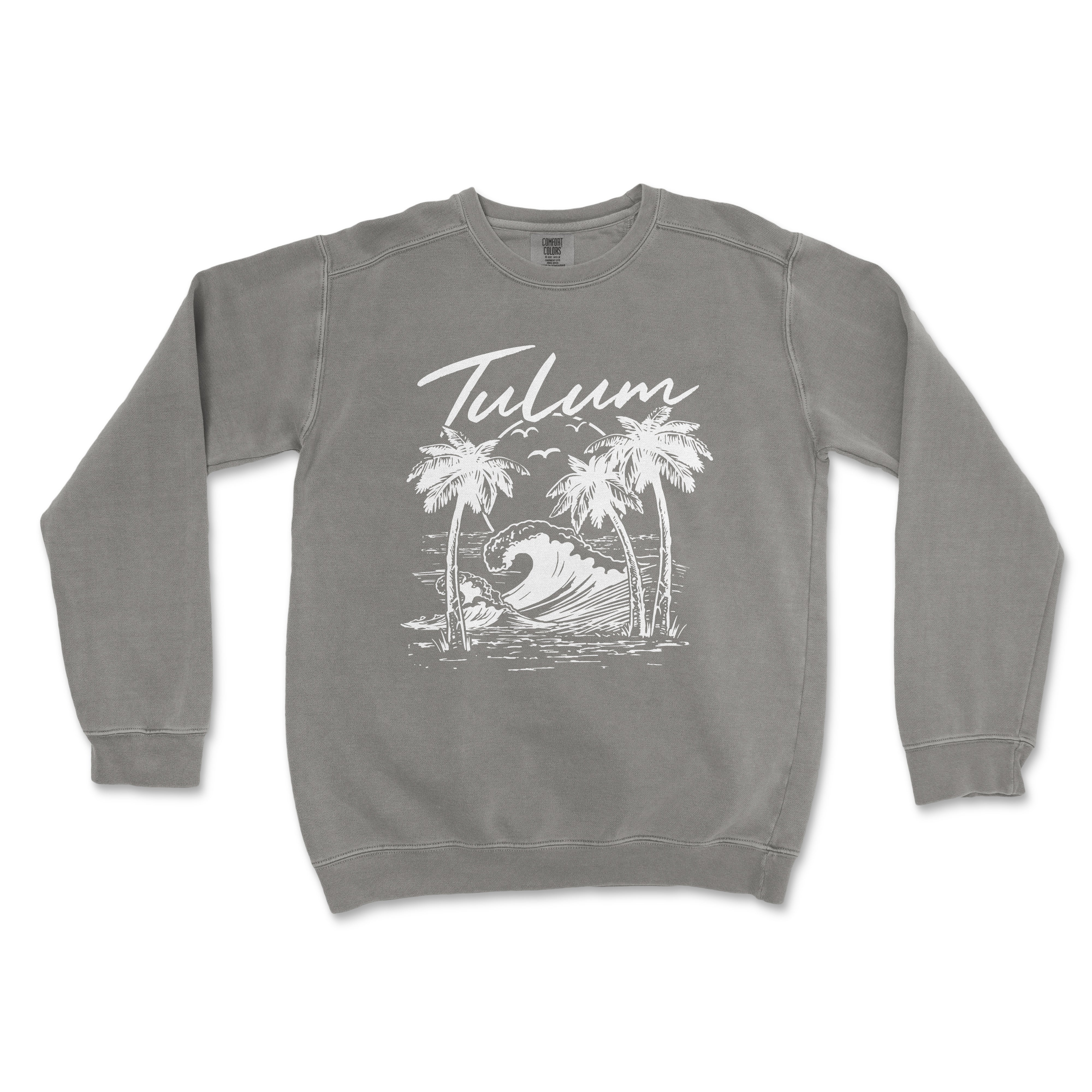 a sweatshirt with a palm tree and a surfboard on it