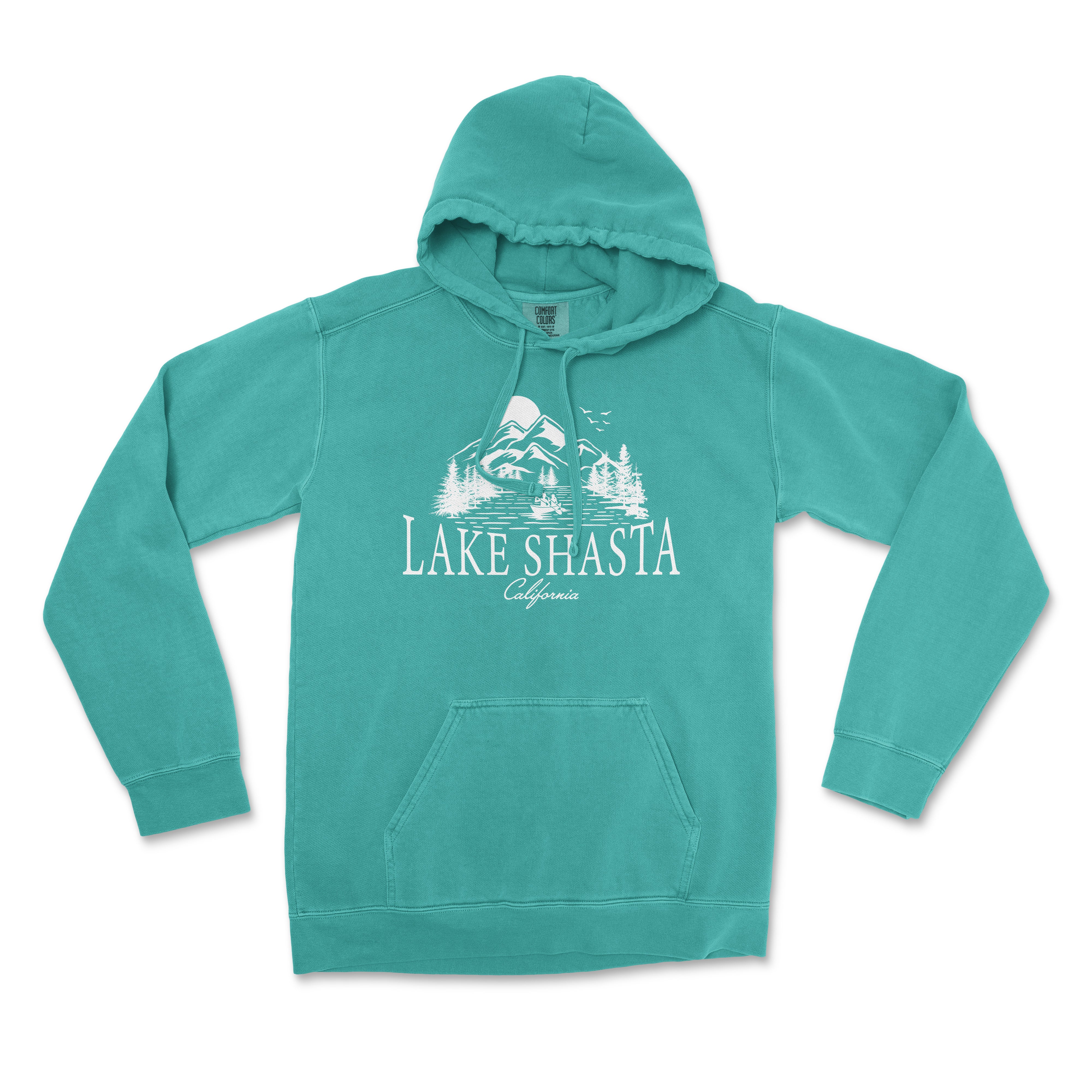 a lake shasta sweatshirt with a mountain scene on it