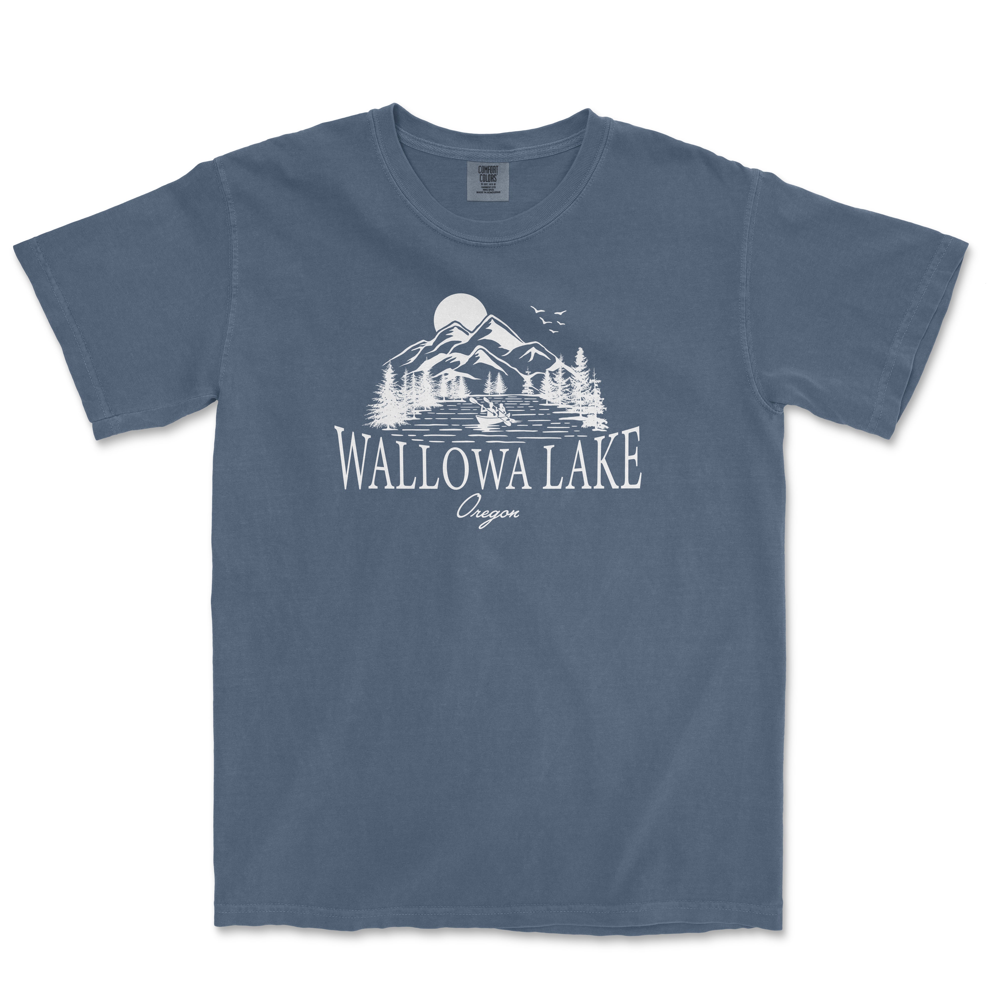 a blue t - shirt with the words wallowa lake on it