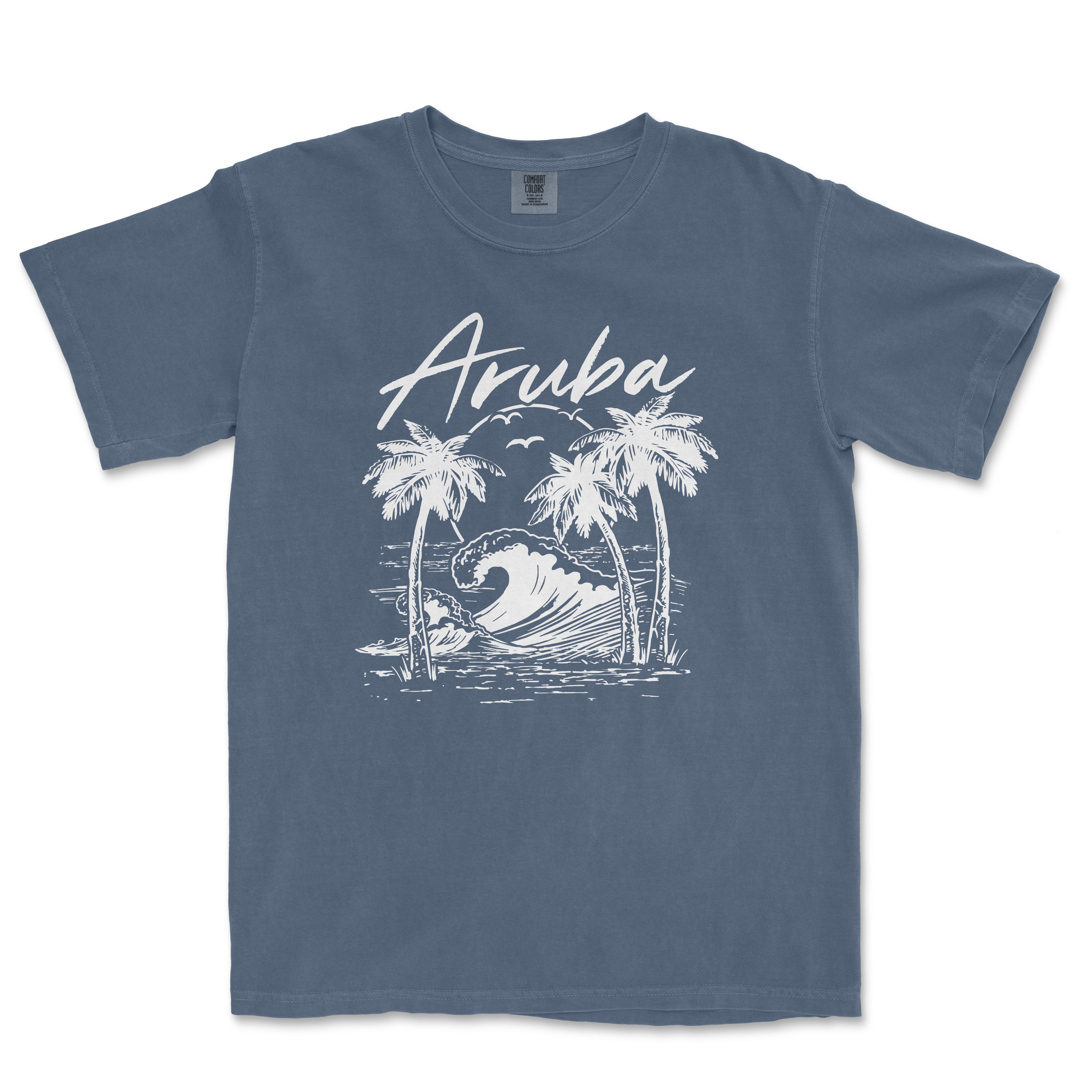 a blue t - shirt with an image of an ocean wave and palm trees