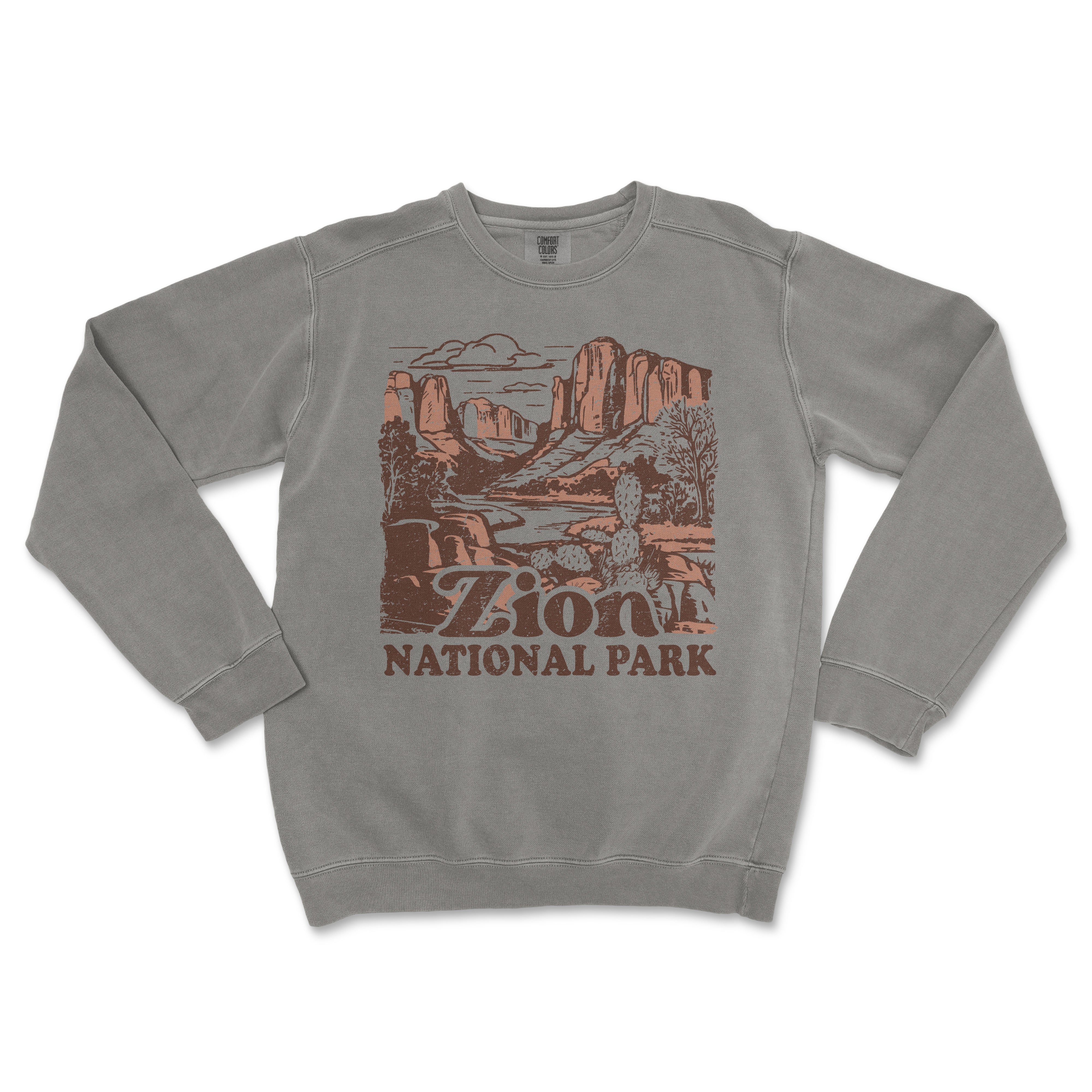 a gray sweatshirt with a mountain scene on it