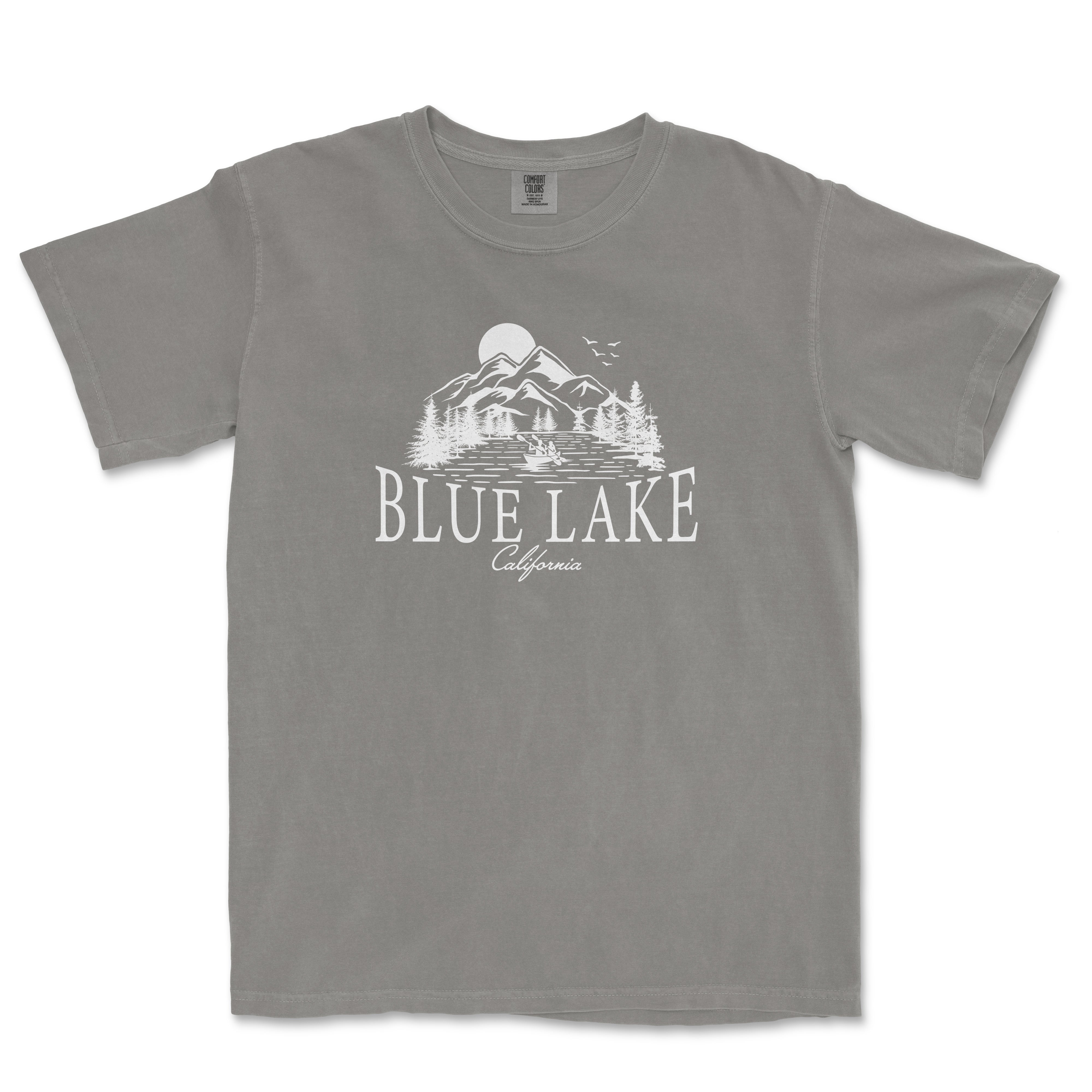 a gray shirt that says blue lake on it