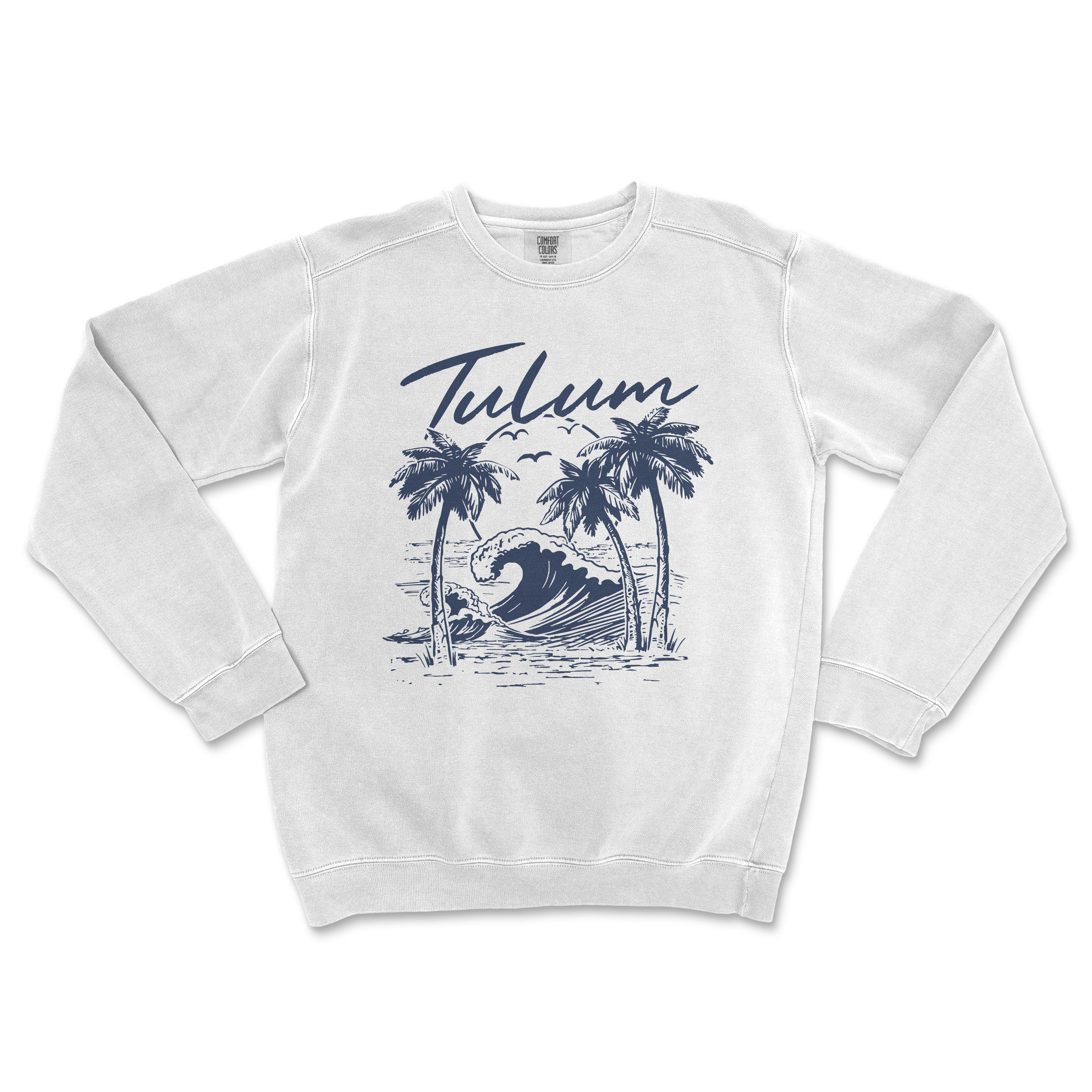 a white sweatshirt with a palm tree and a wave on it