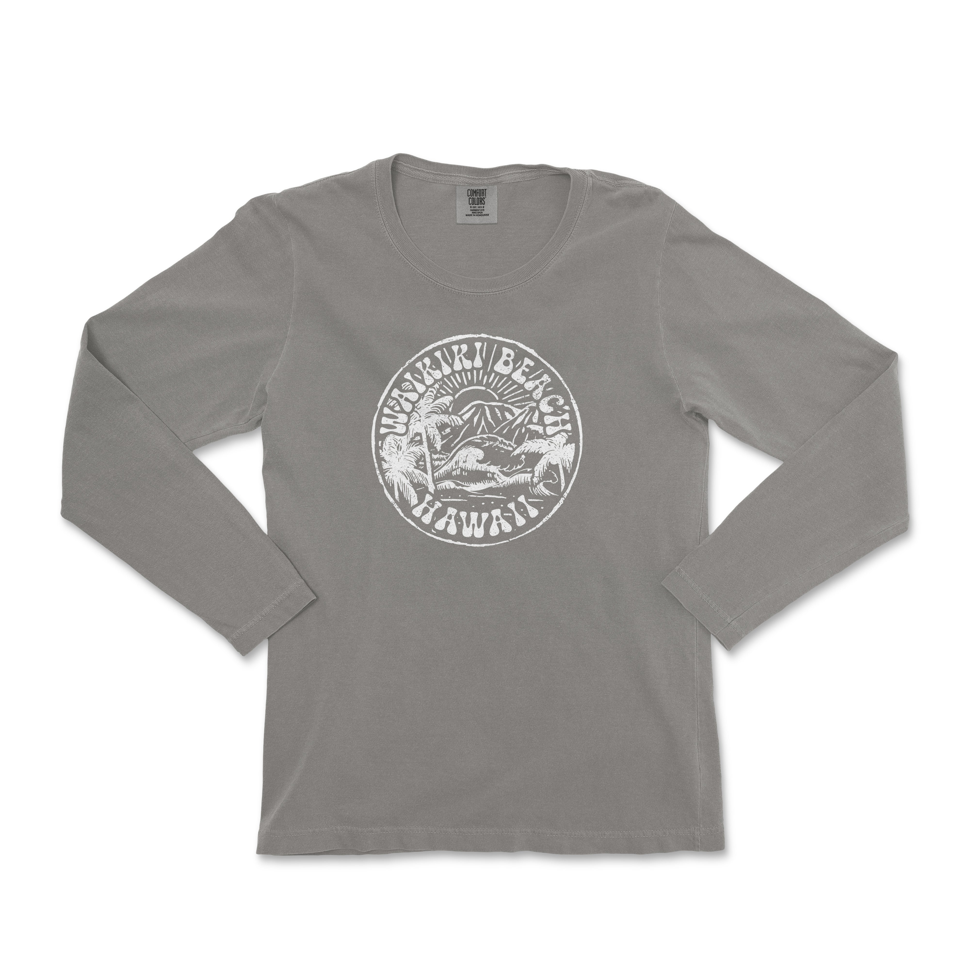 a grey long sleeve shirt with a white logo on the front