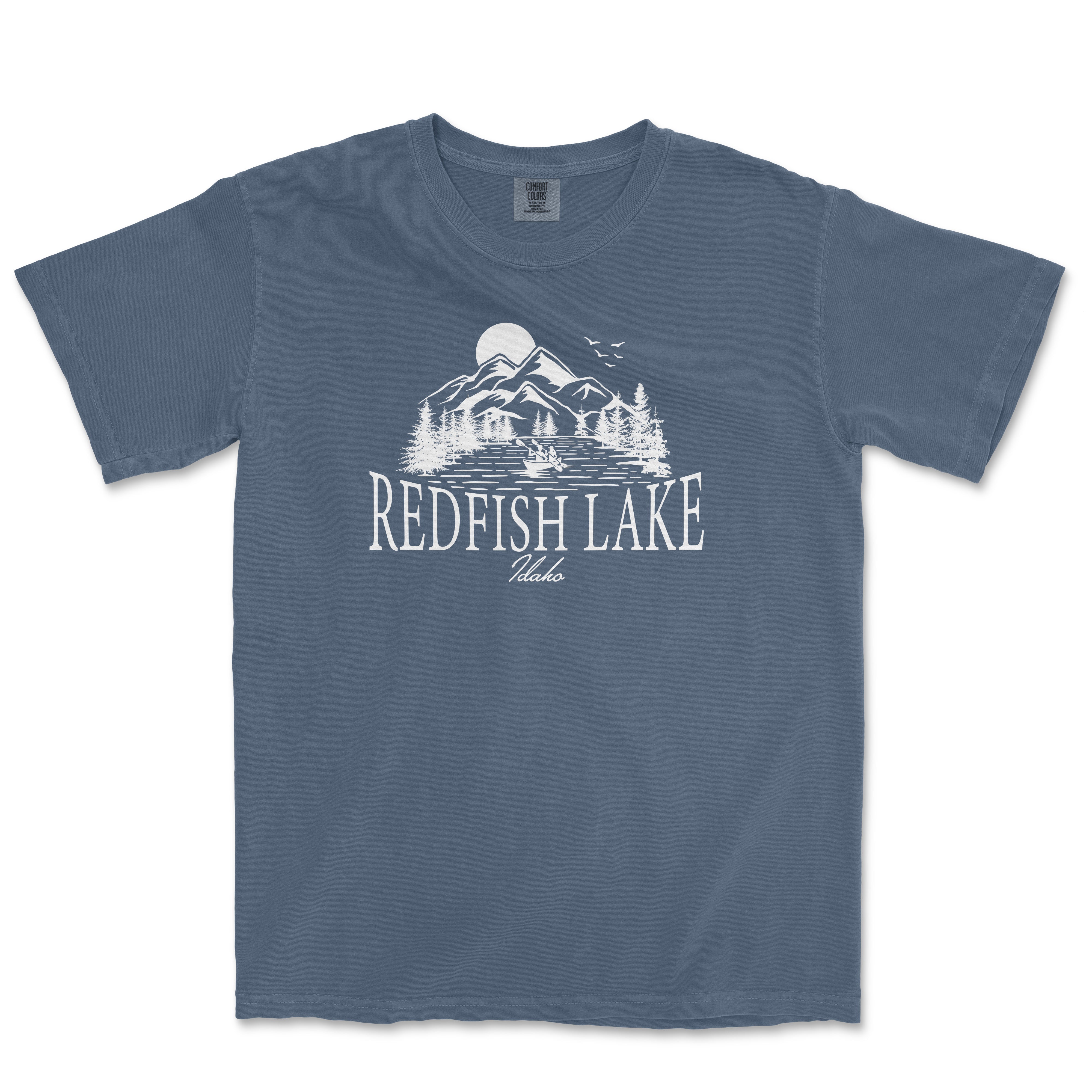 a blue t - shirt with the words redfish lake on it