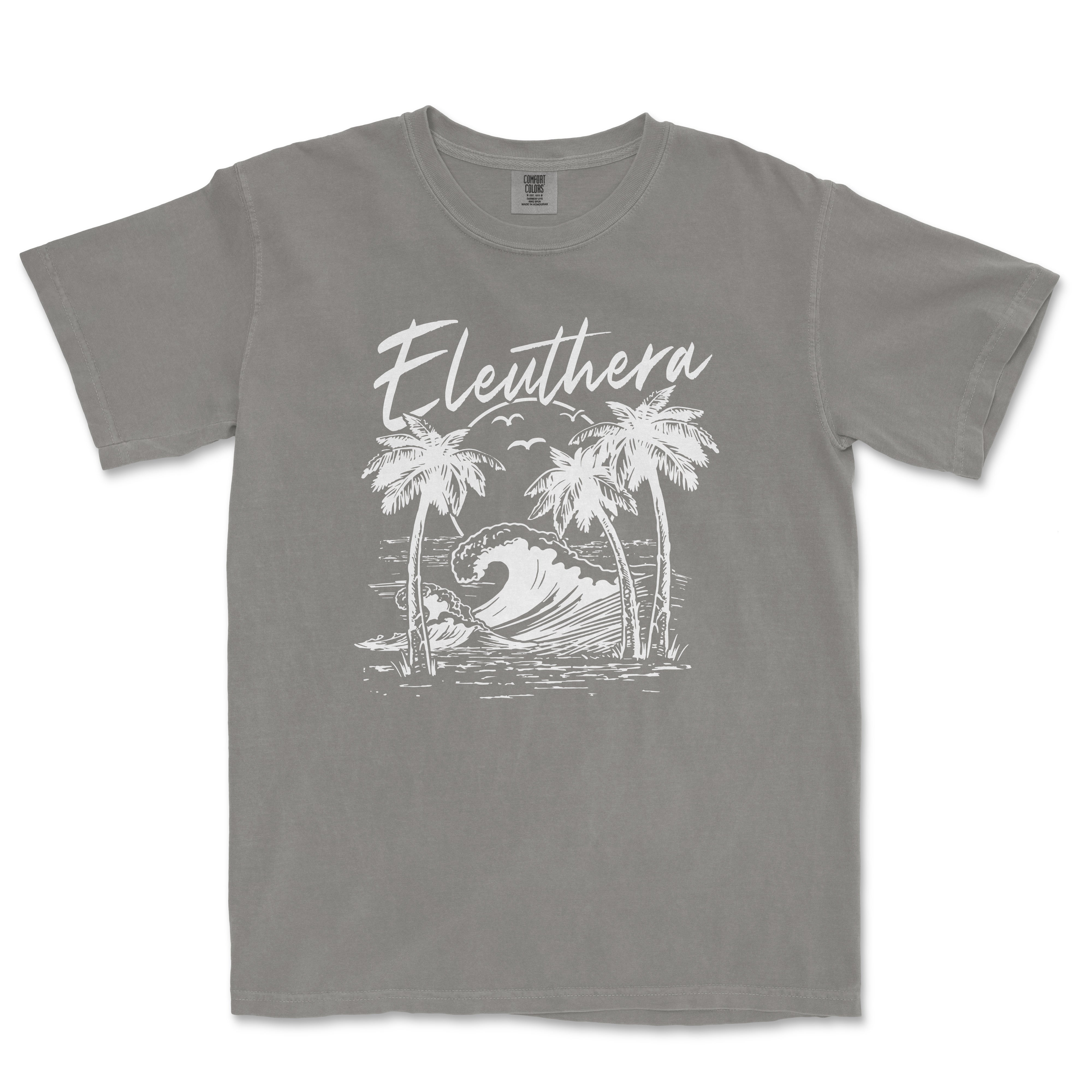 a grey shirt with a picture of a wave and palm trees