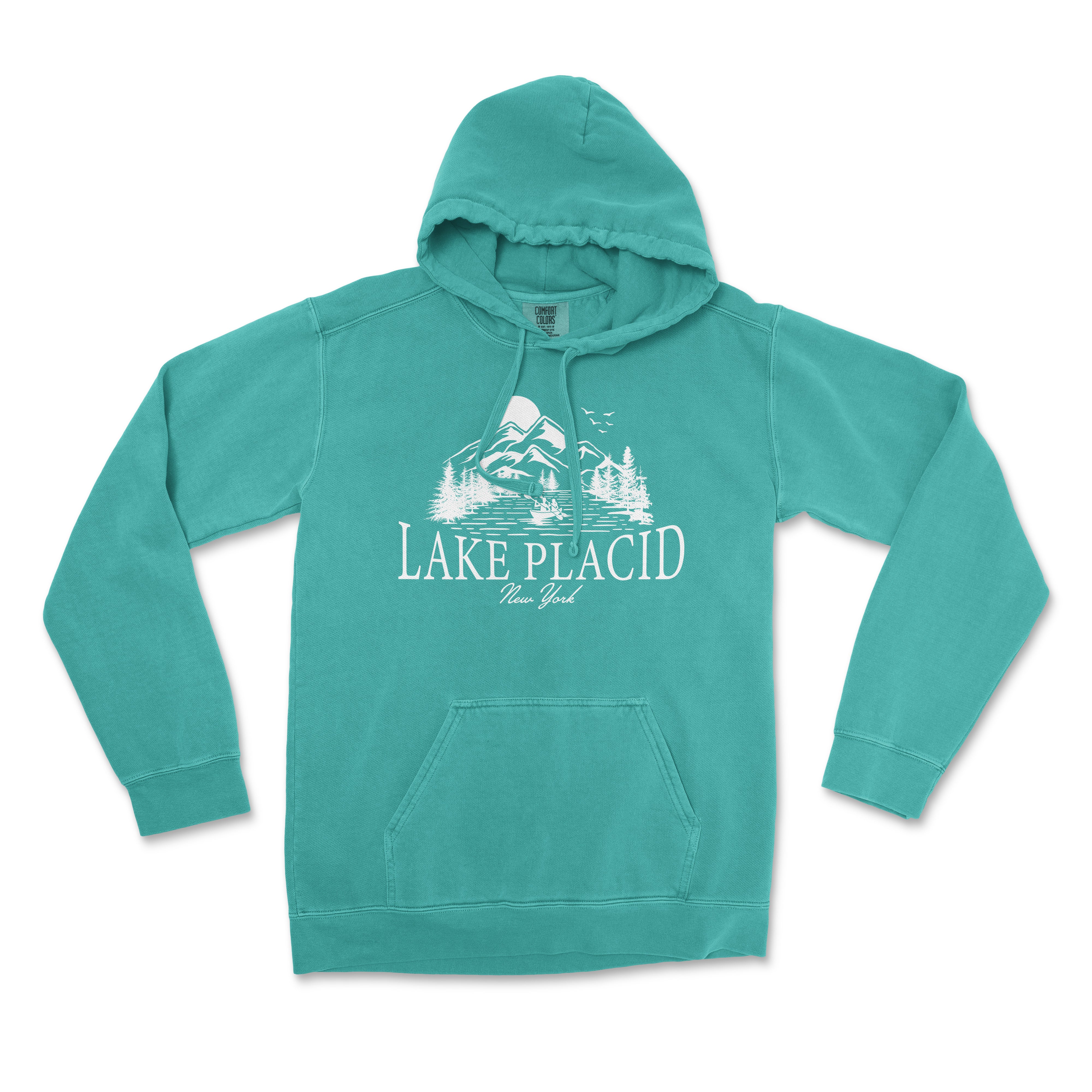 a green lake placid sweatshirt with a mountain scene