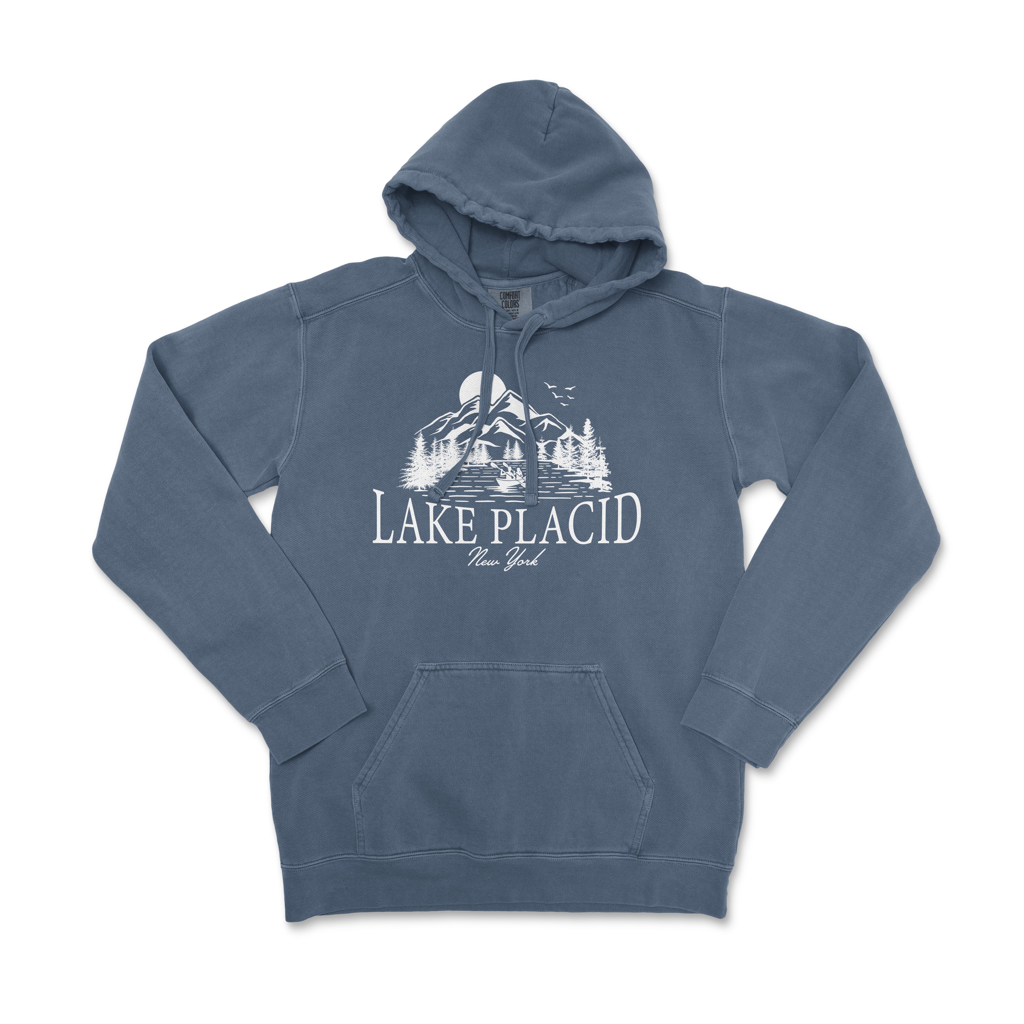 a blue lake placid sweatshirt with a castle on it