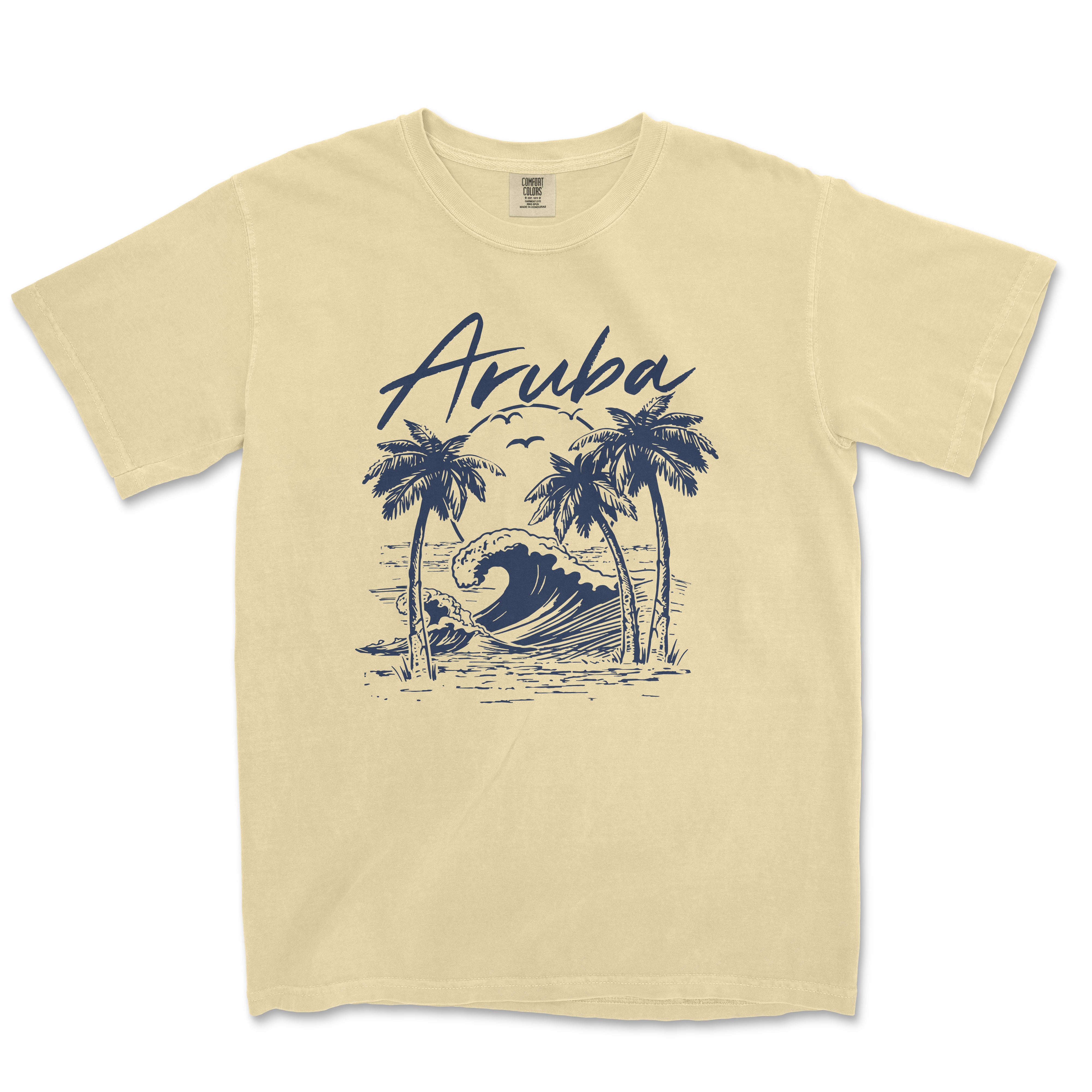 a t - shirt with an image of a wave and palm trees