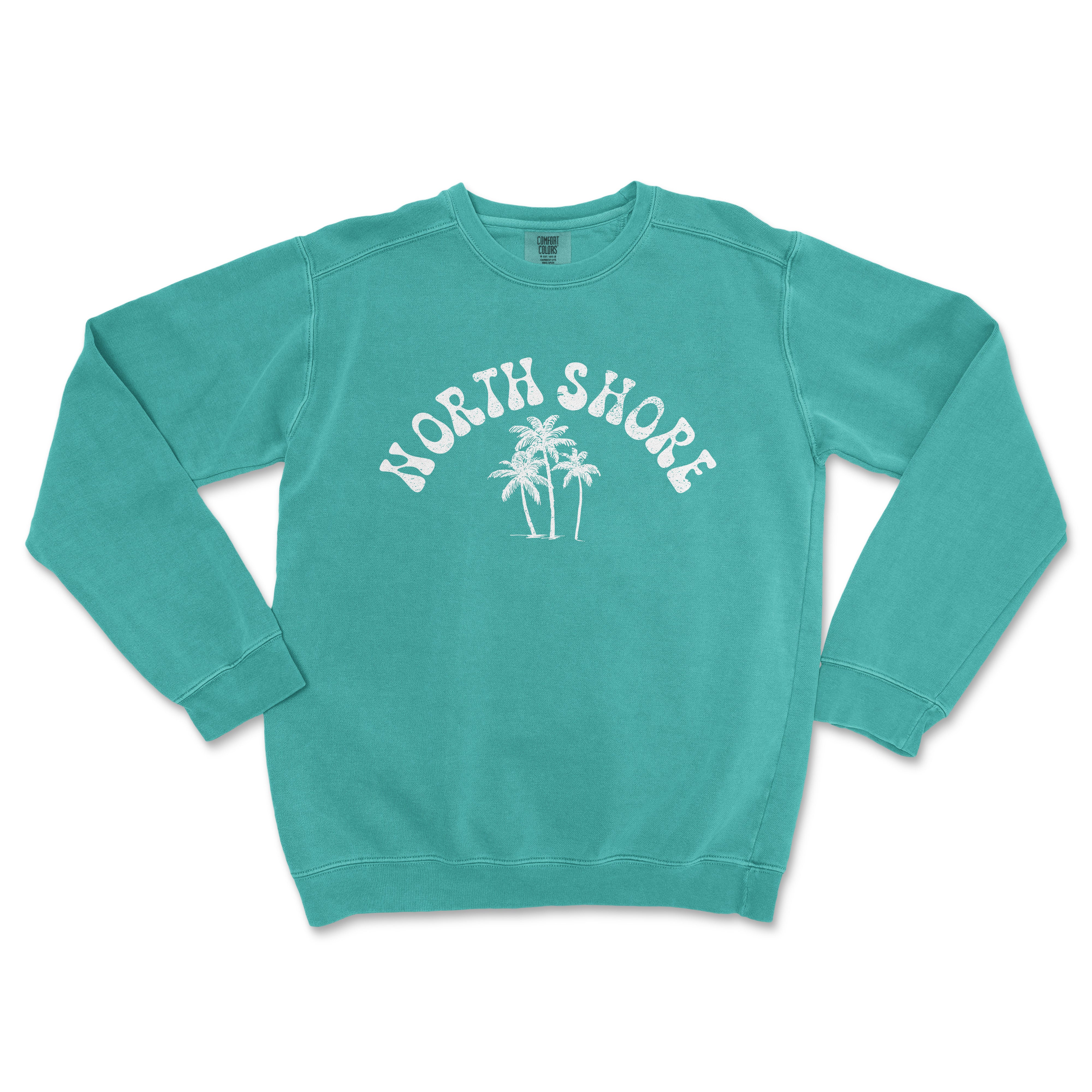 a turquoise sweatshirt with the words north shore on it