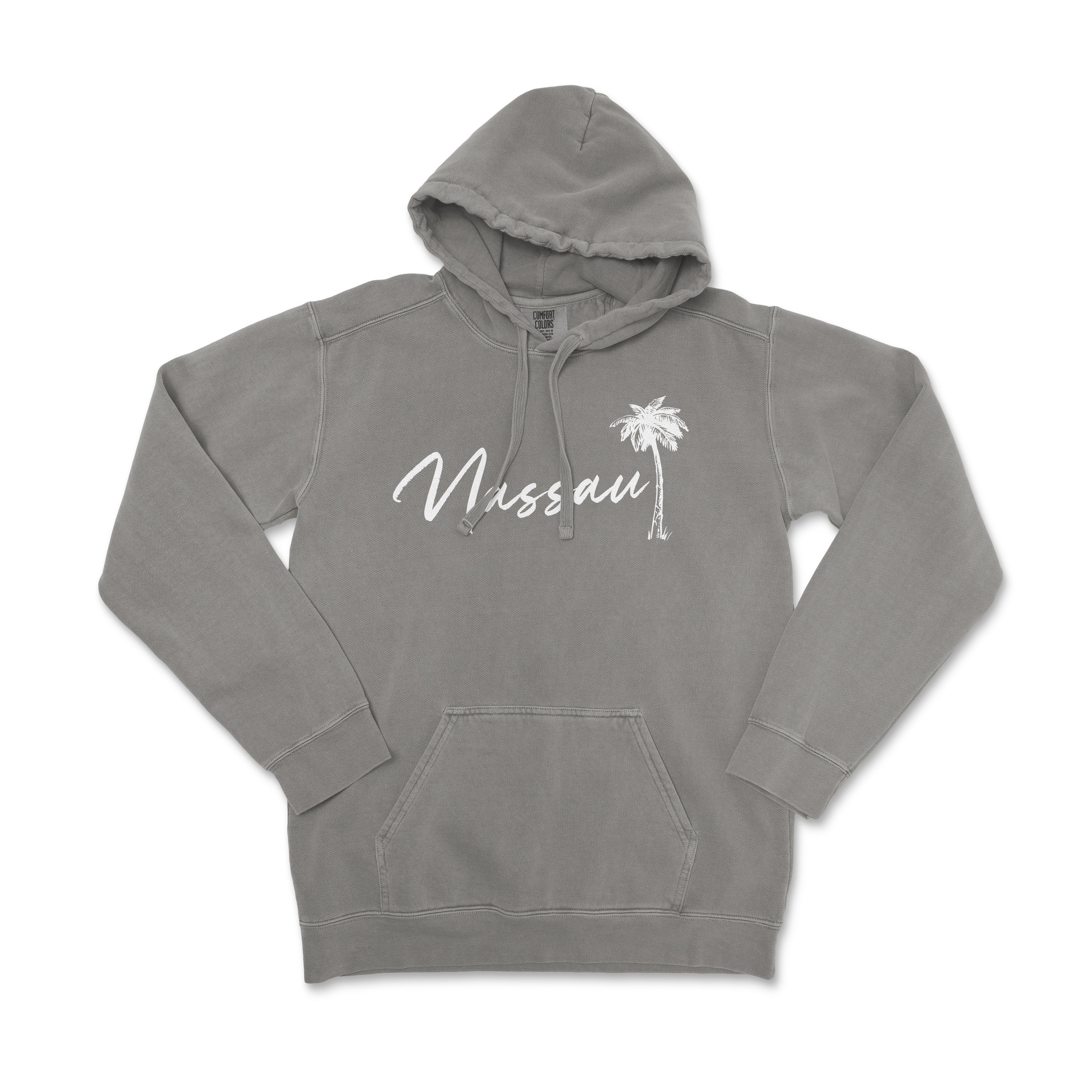 a gray sweatshirt with a palm tree on it