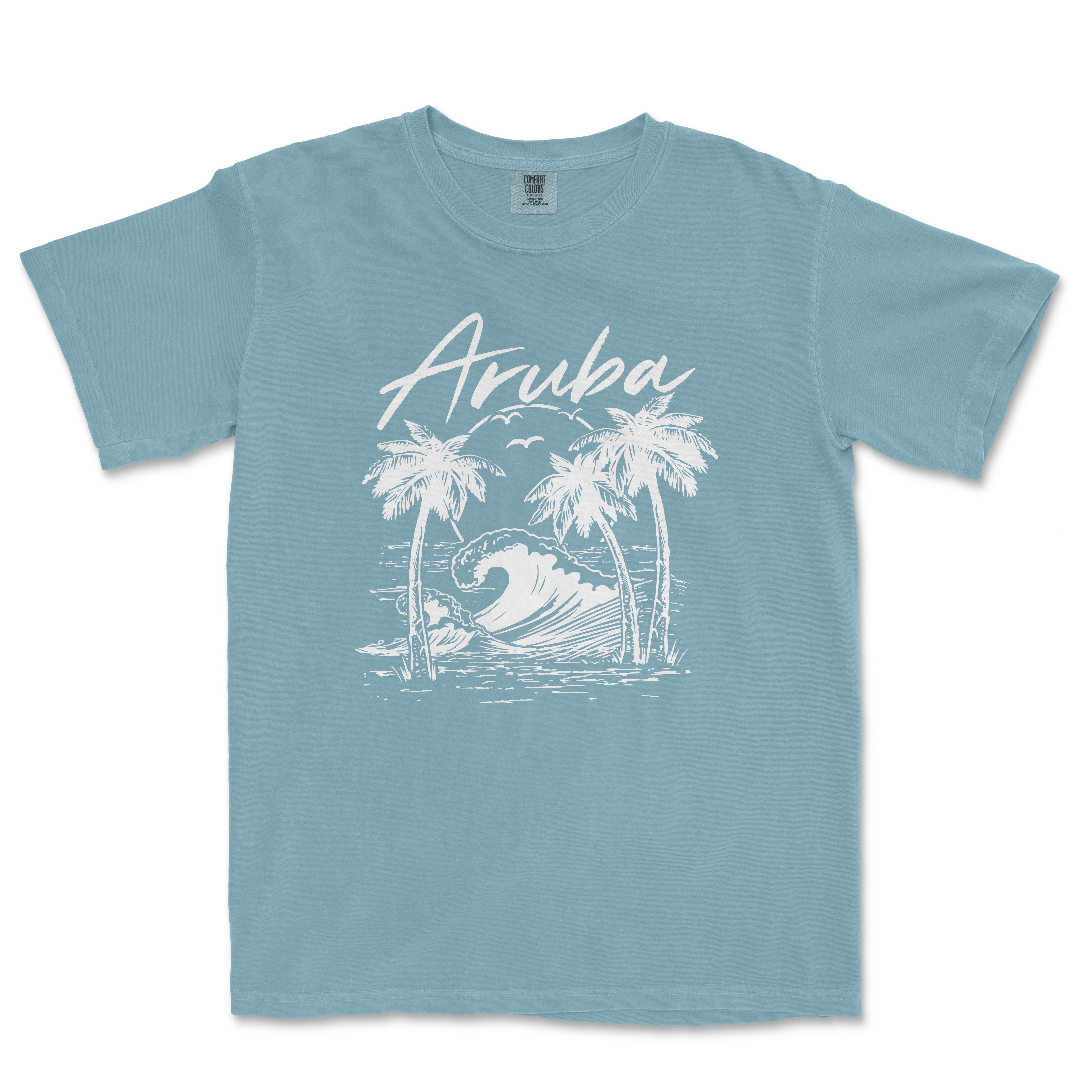 a blue shirt with an image of a wave and palm trees