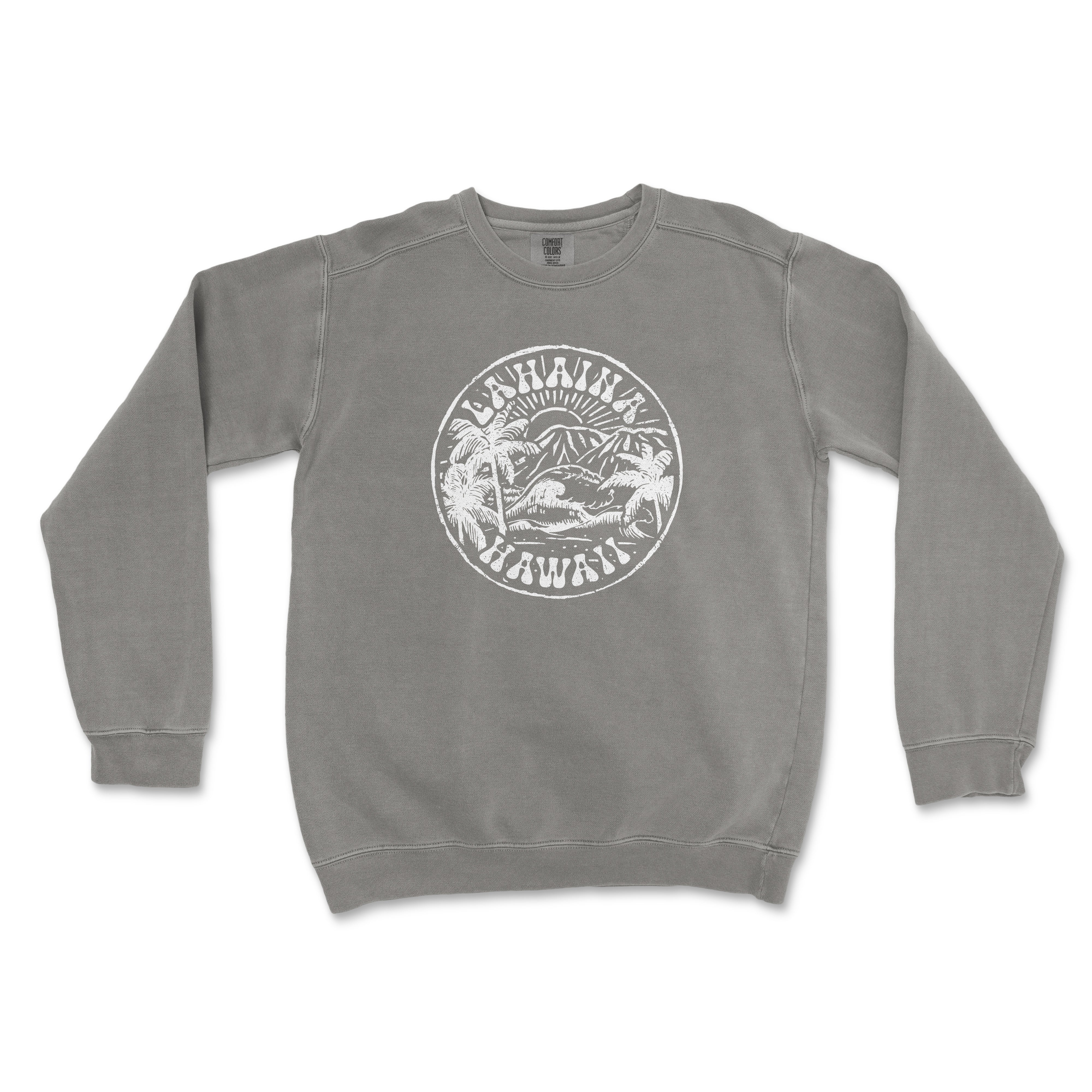 a gray sweatshirt with a white seal on it