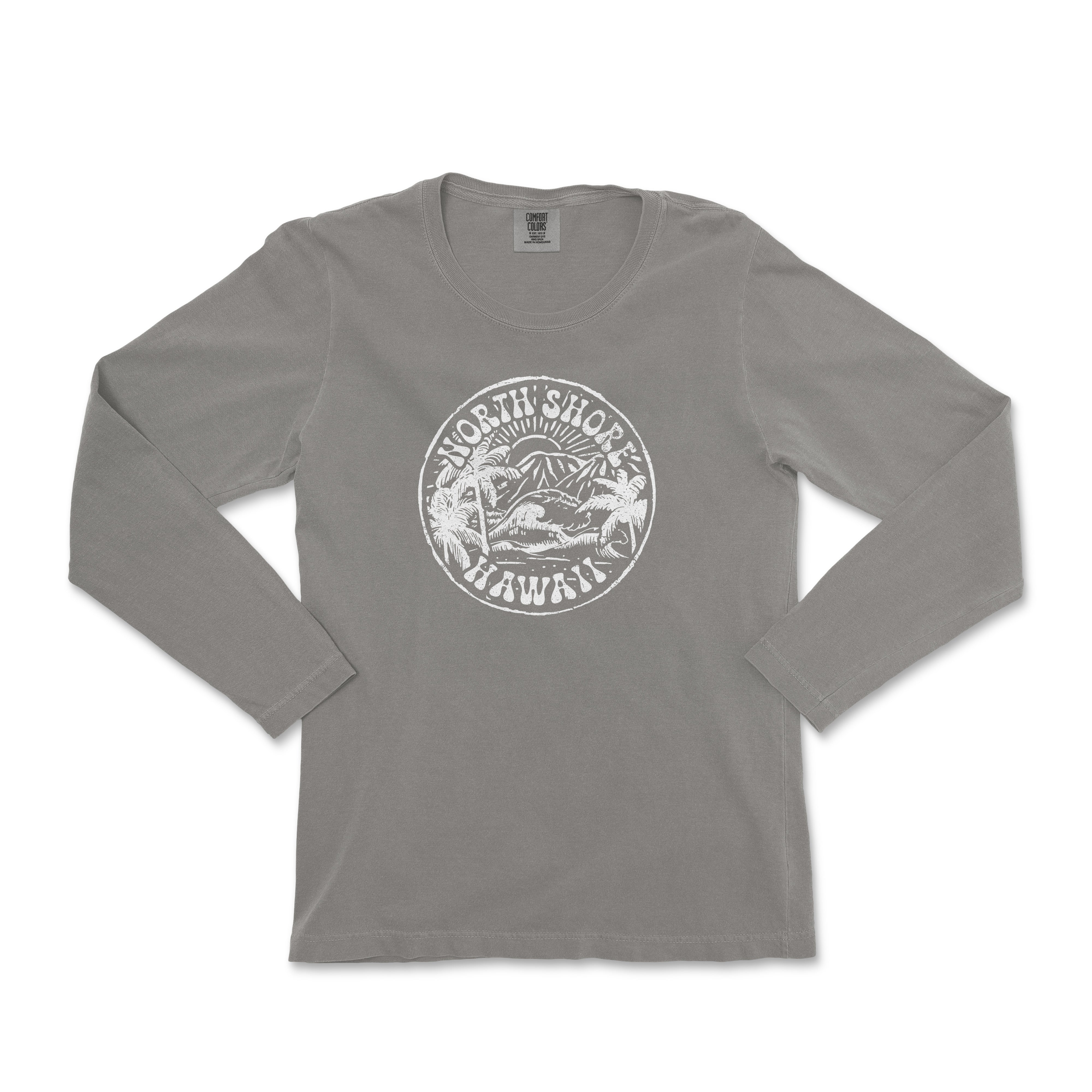 a gray long sleeve shirt with a white logo on the front