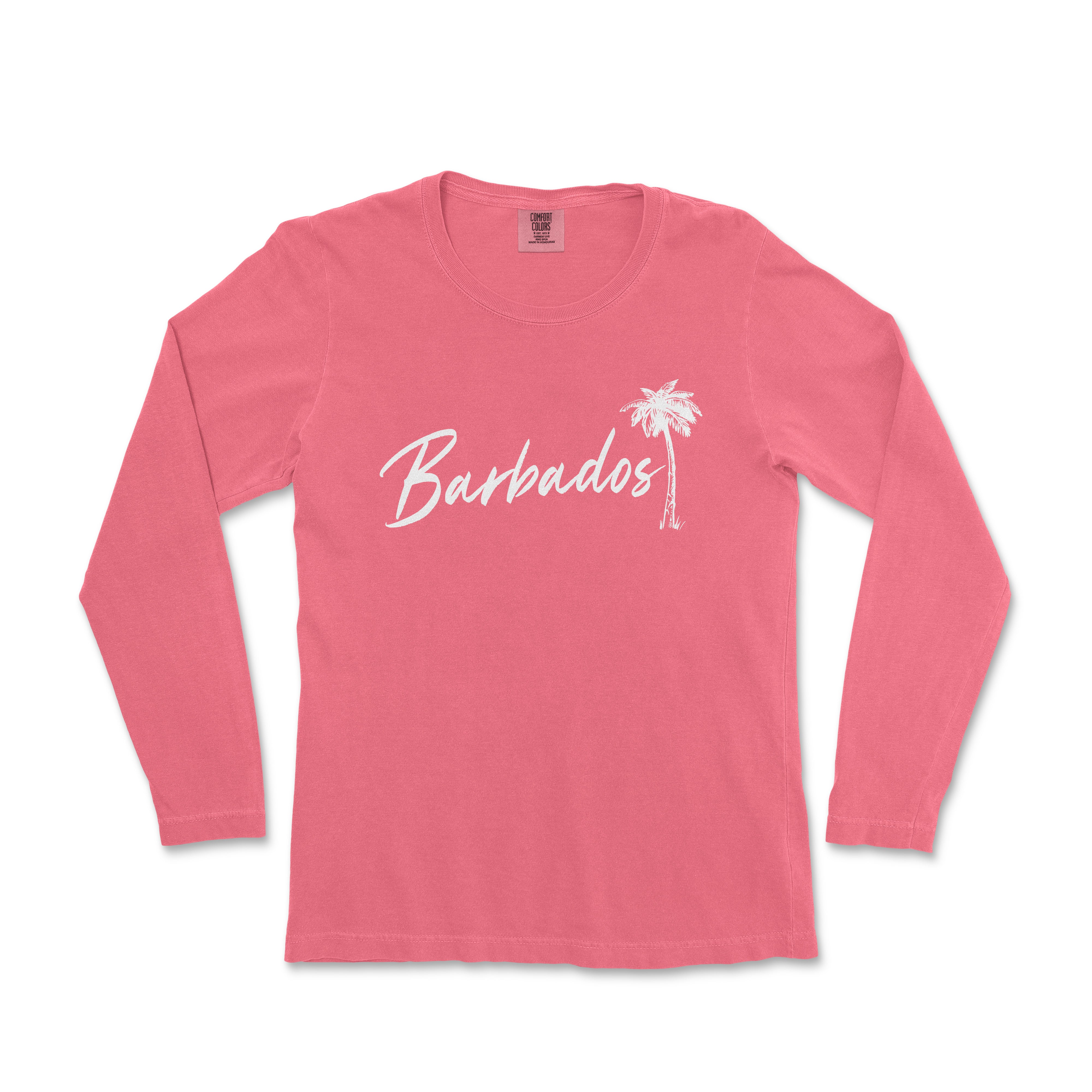 a women's pink shirt with a palm tree on the front