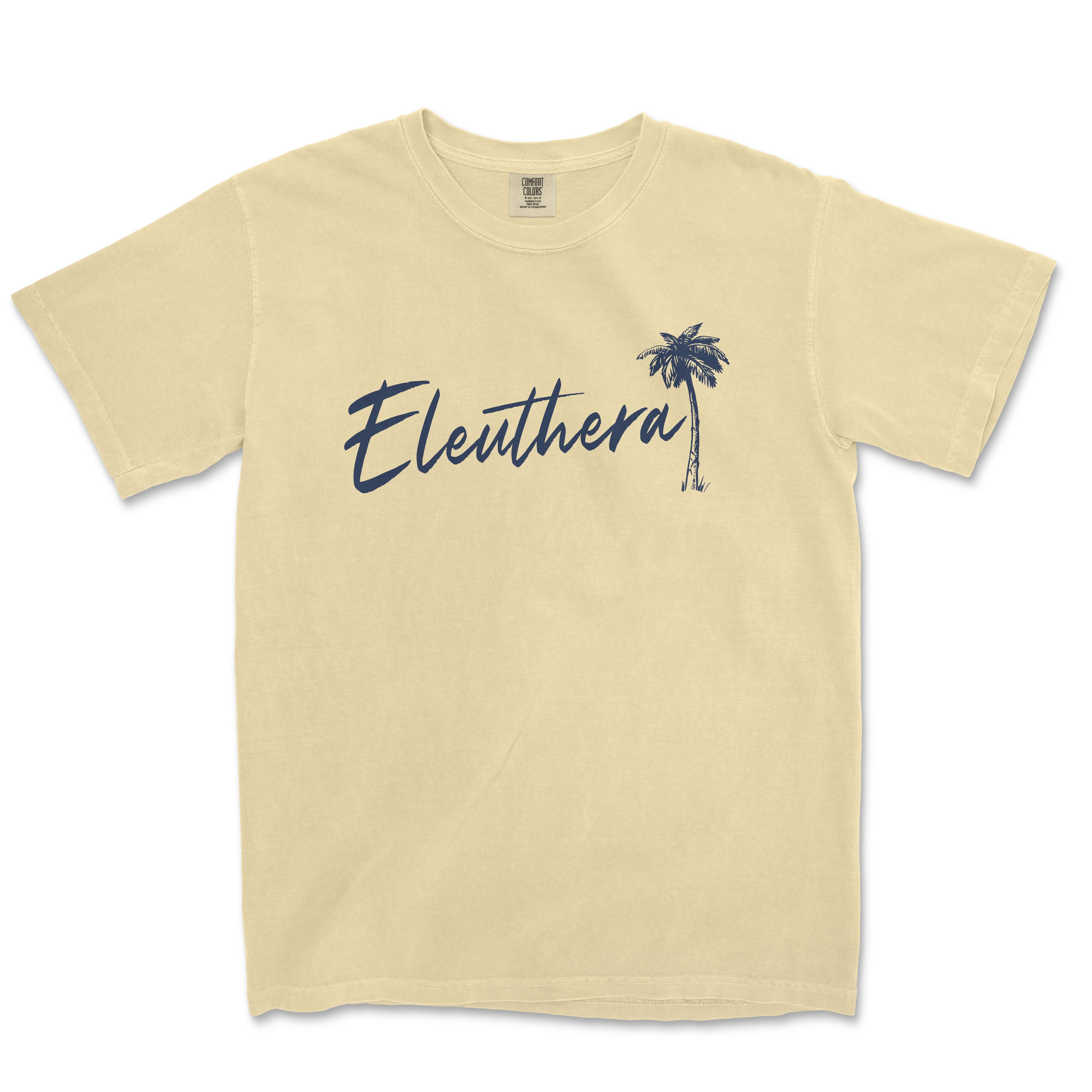 a yellow t - shirt with the word eleuthera printed on it