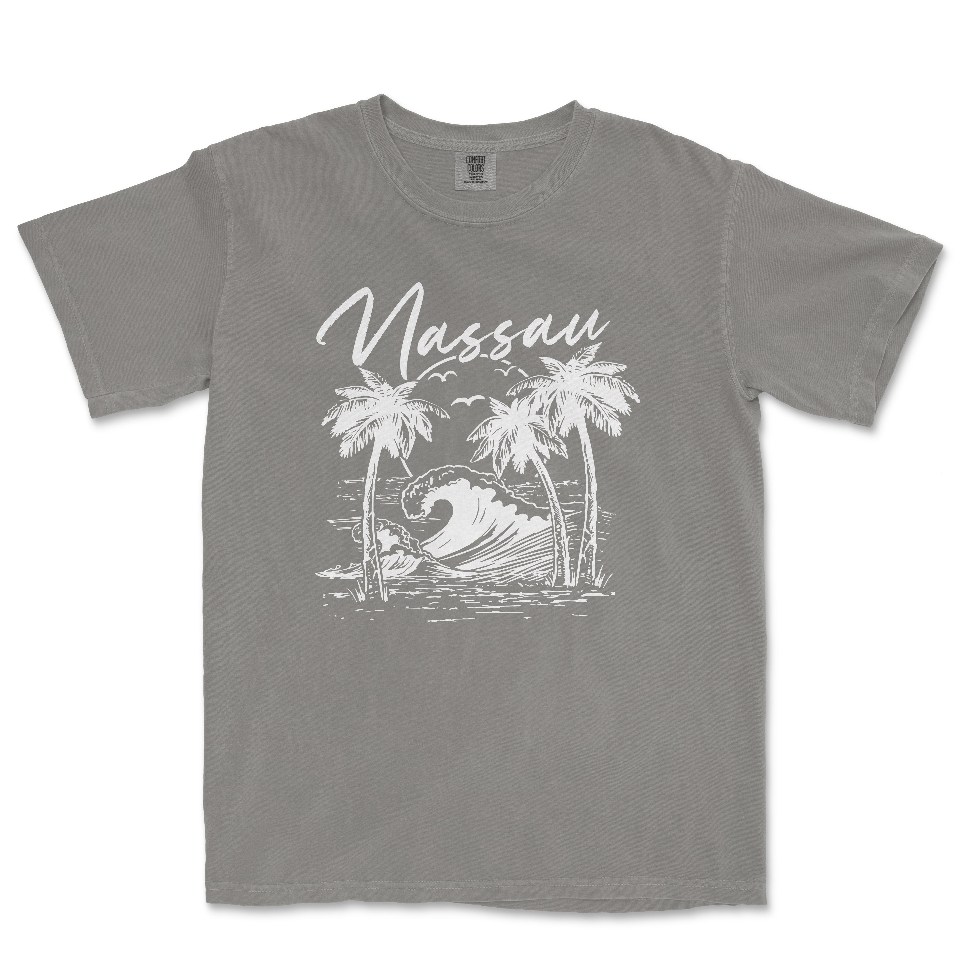 a gray t - shirt with a picture of a wave and palm trees