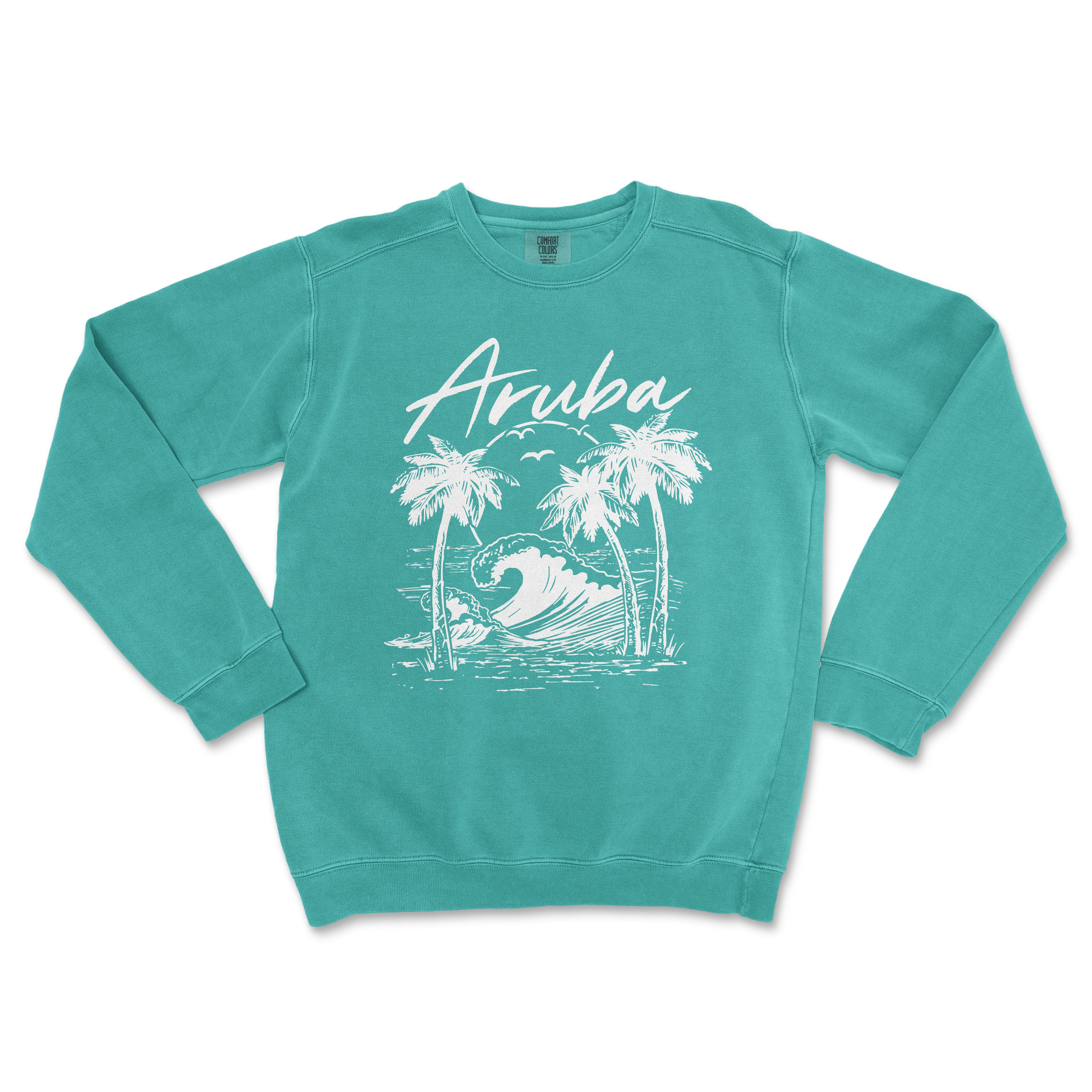 an aqua sweatshirt with a white graphic of a wave and palm trees