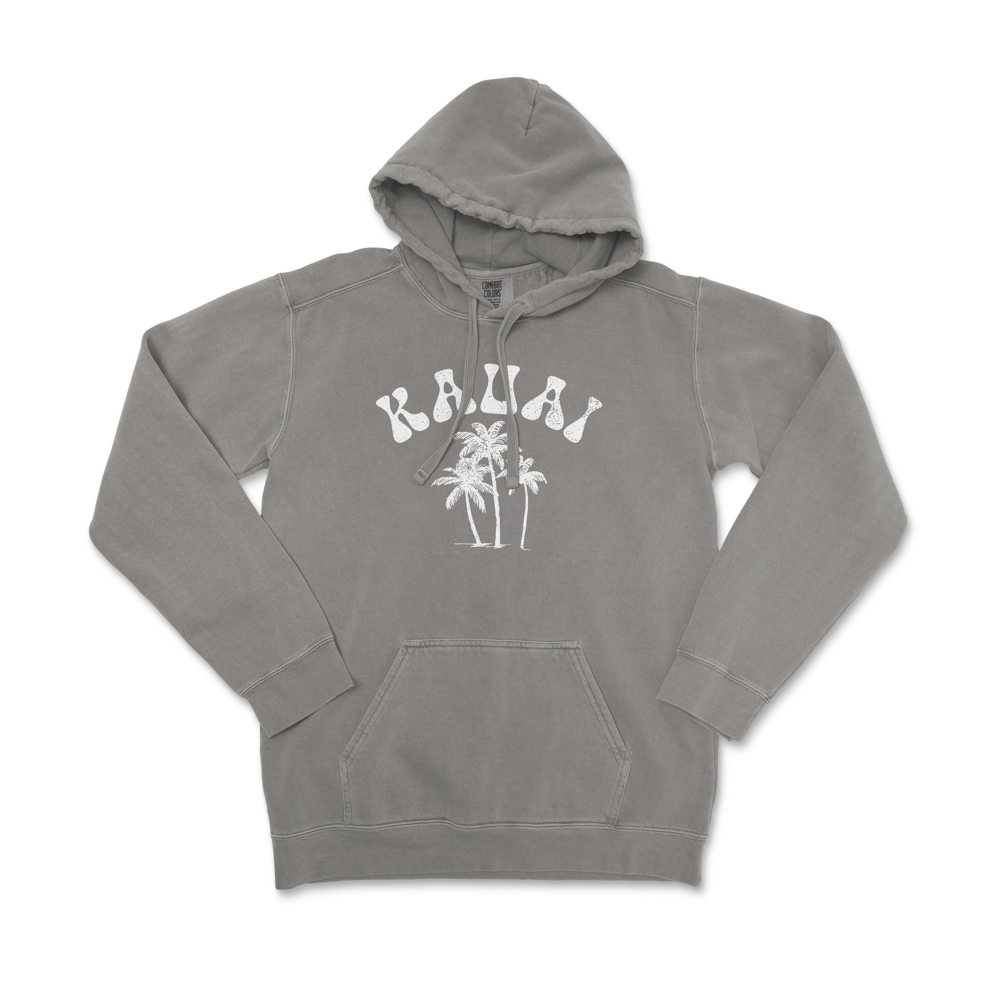 a gray hoodie with palm trees on it