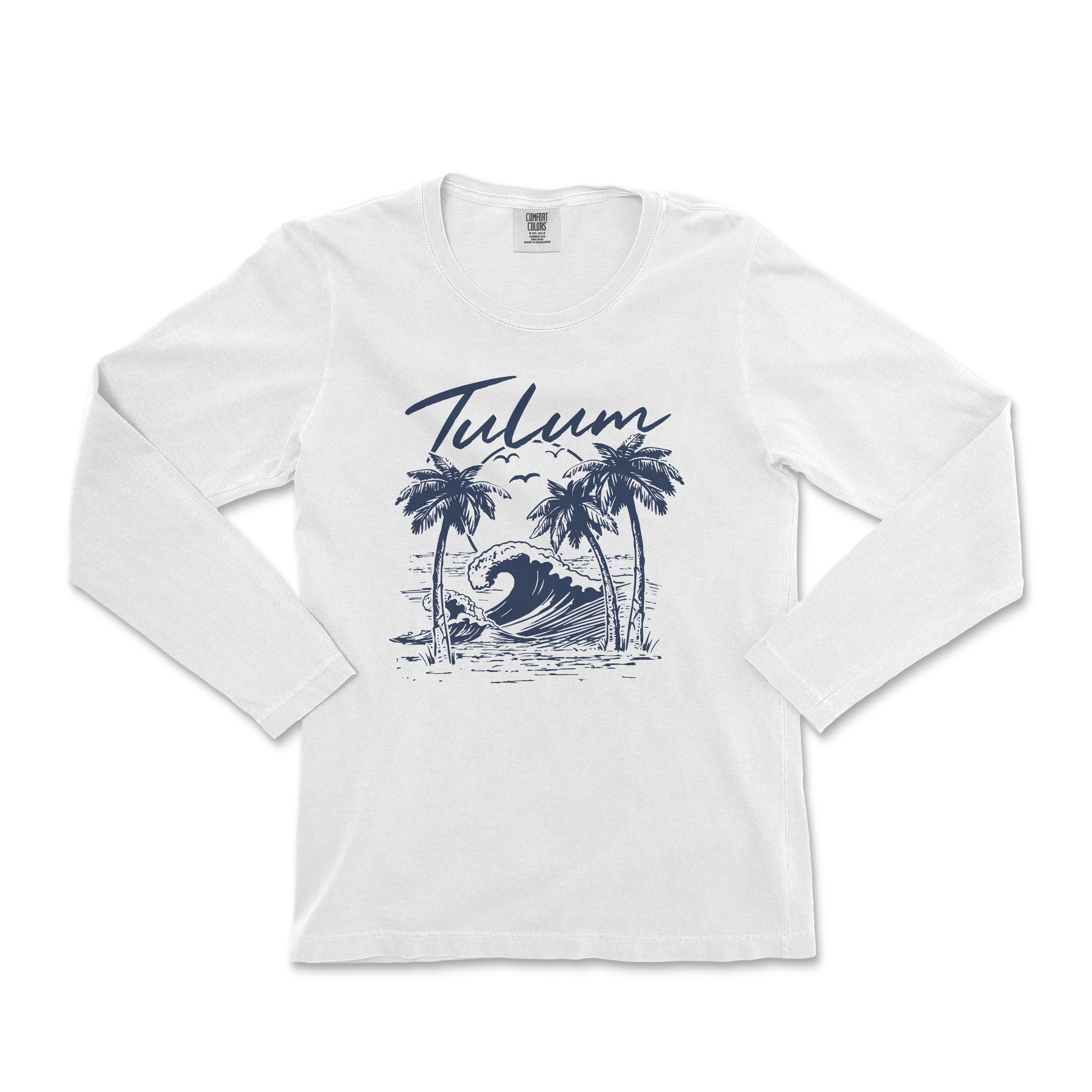 a white t - shirt with a palm tree and a surfboard on it