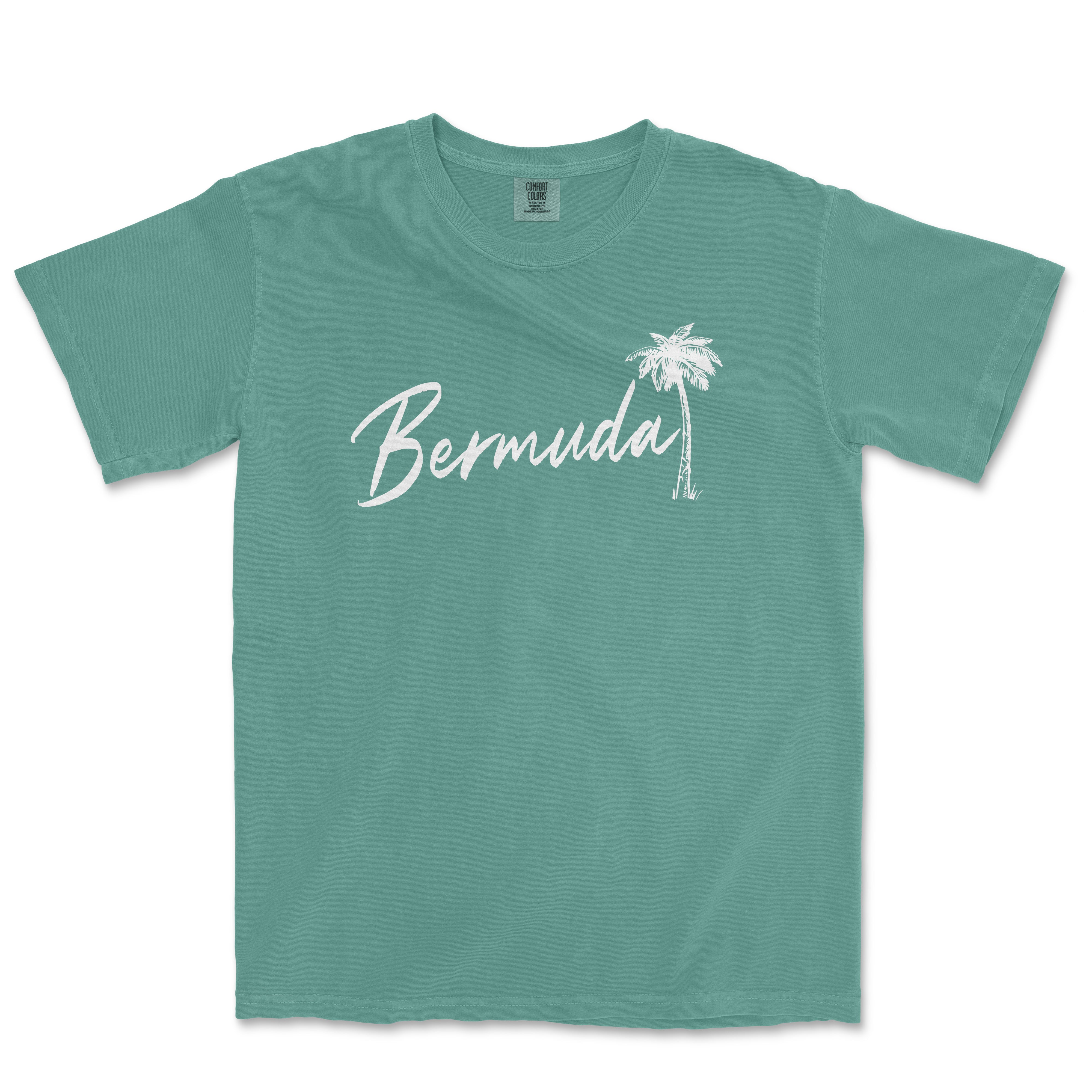 a green t - shirt with the word bermuda written in white