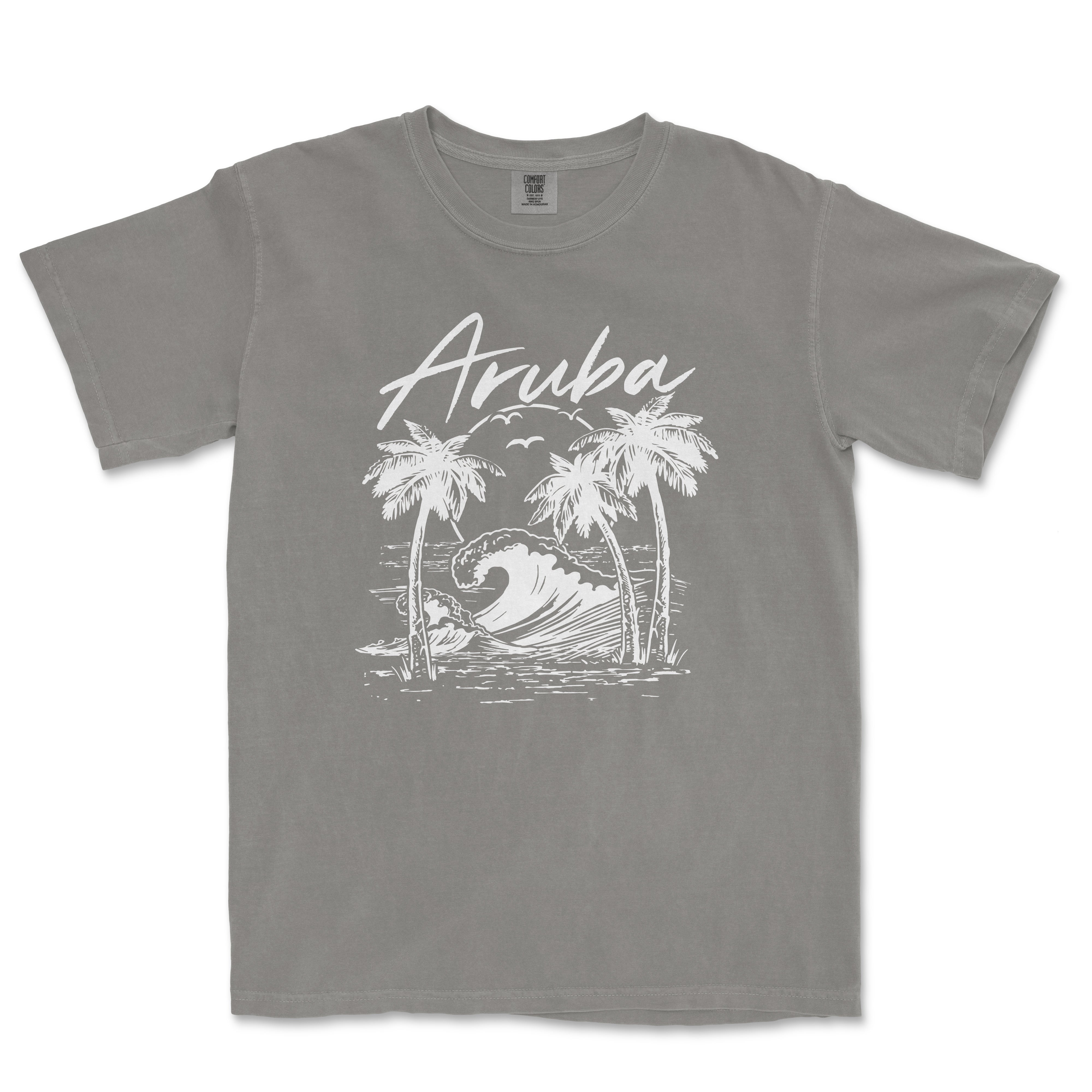 a gray shirt with an image of a wave and palm trees