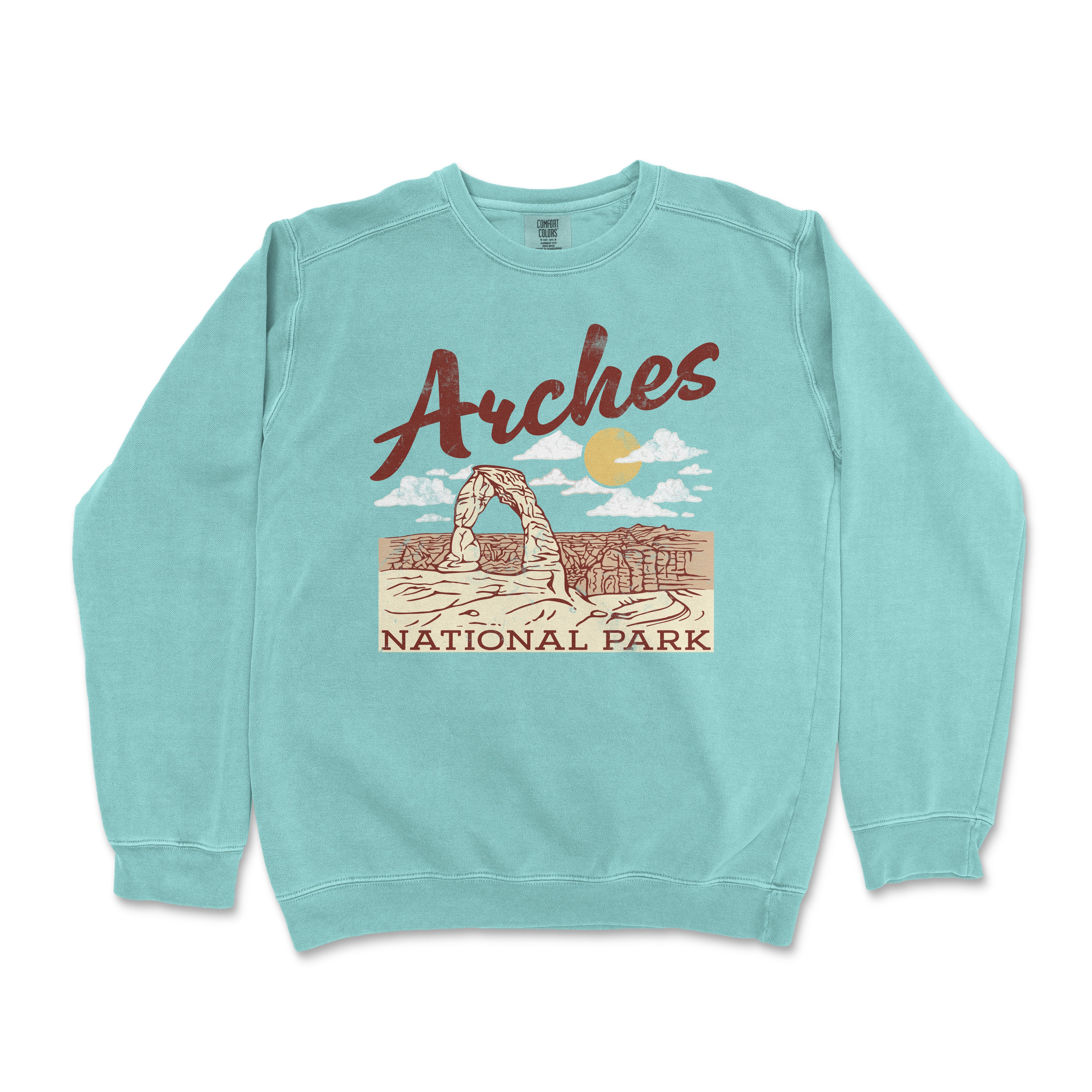 a blue sweatshirt with arches national park on it