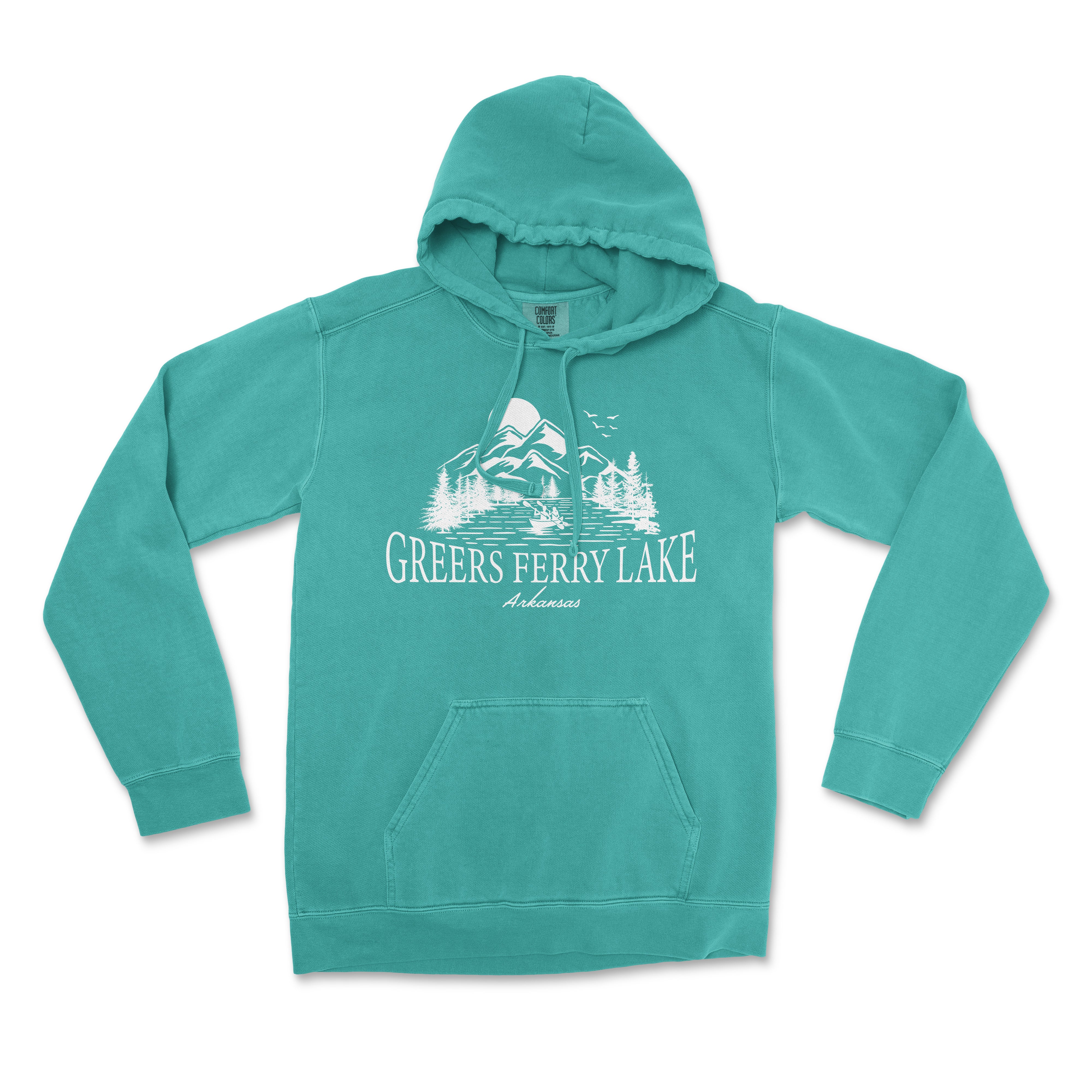 a green hoodie with a picture of a mountain