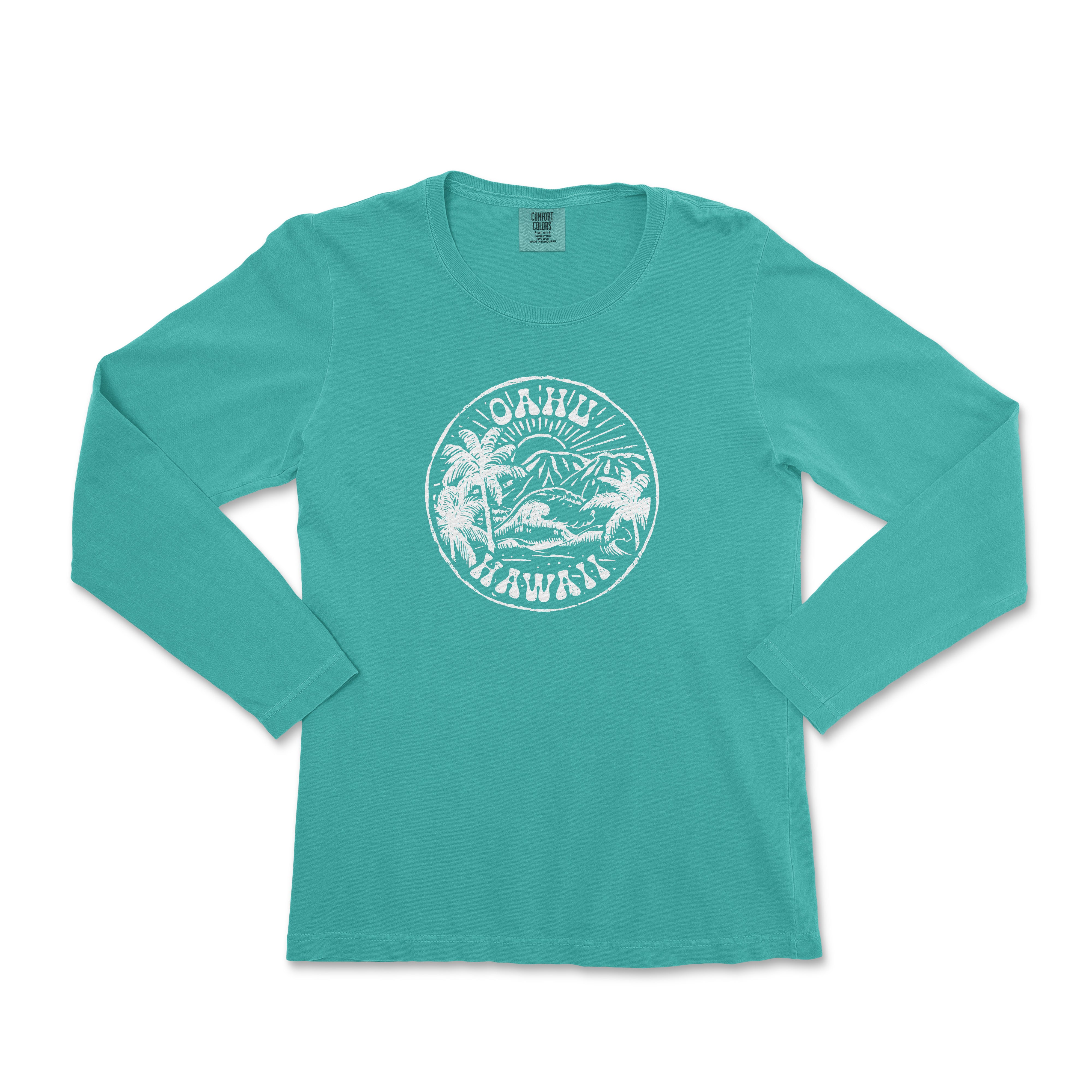 a women's long - sleeved shirt with a picture of the ocean and