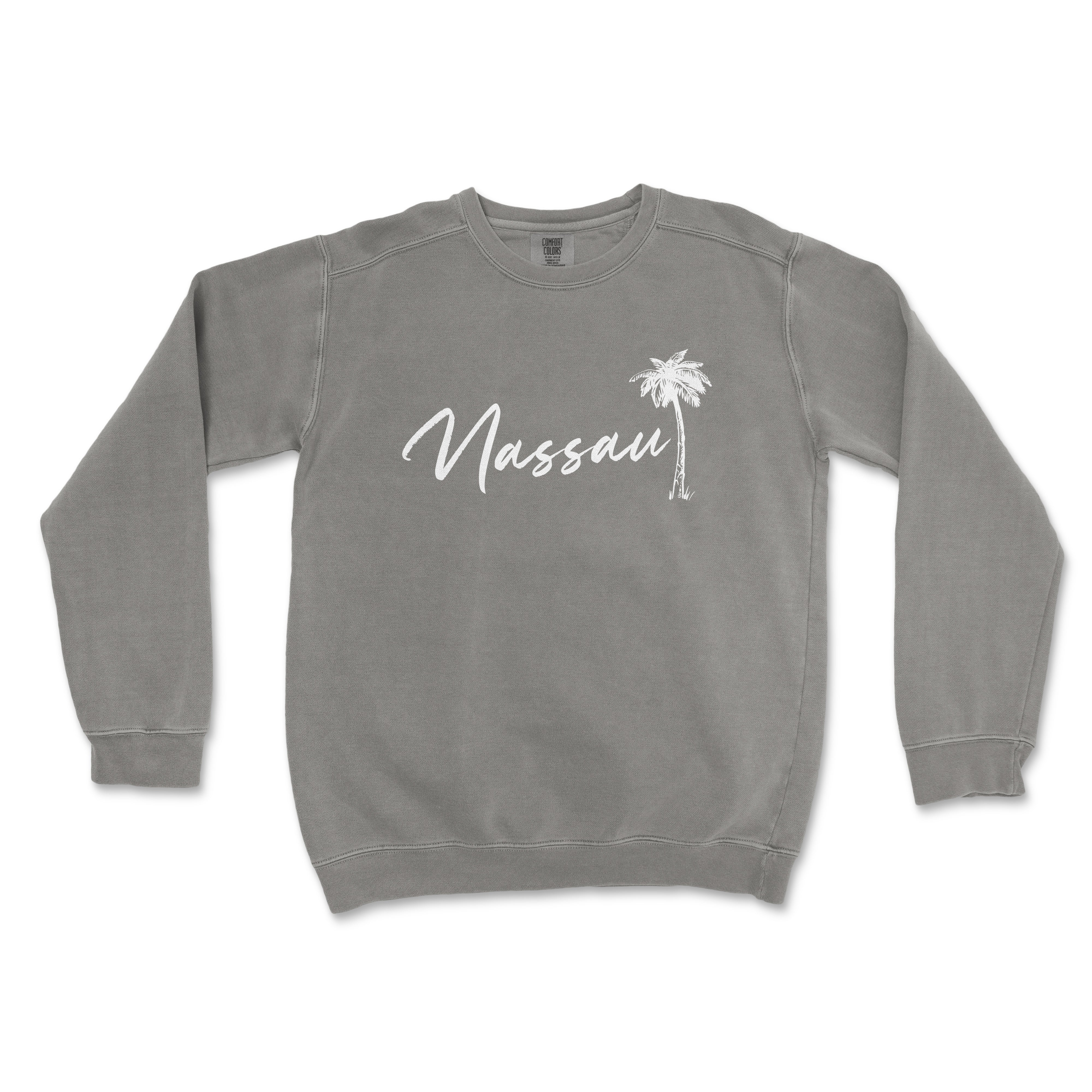 a gray sweatshirt with a palm tree on it