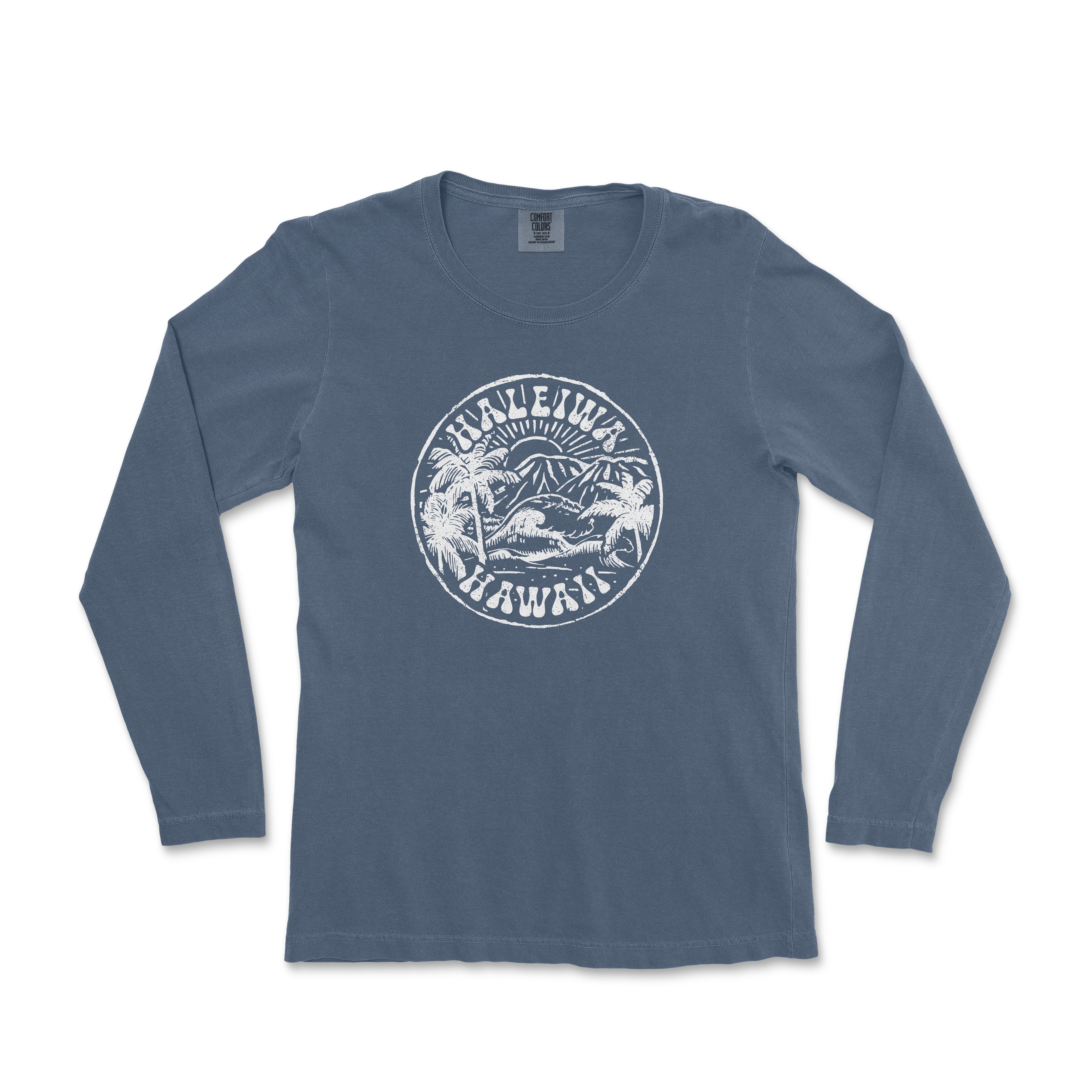 a blue long - sleeved shirt with a mountain scene on it