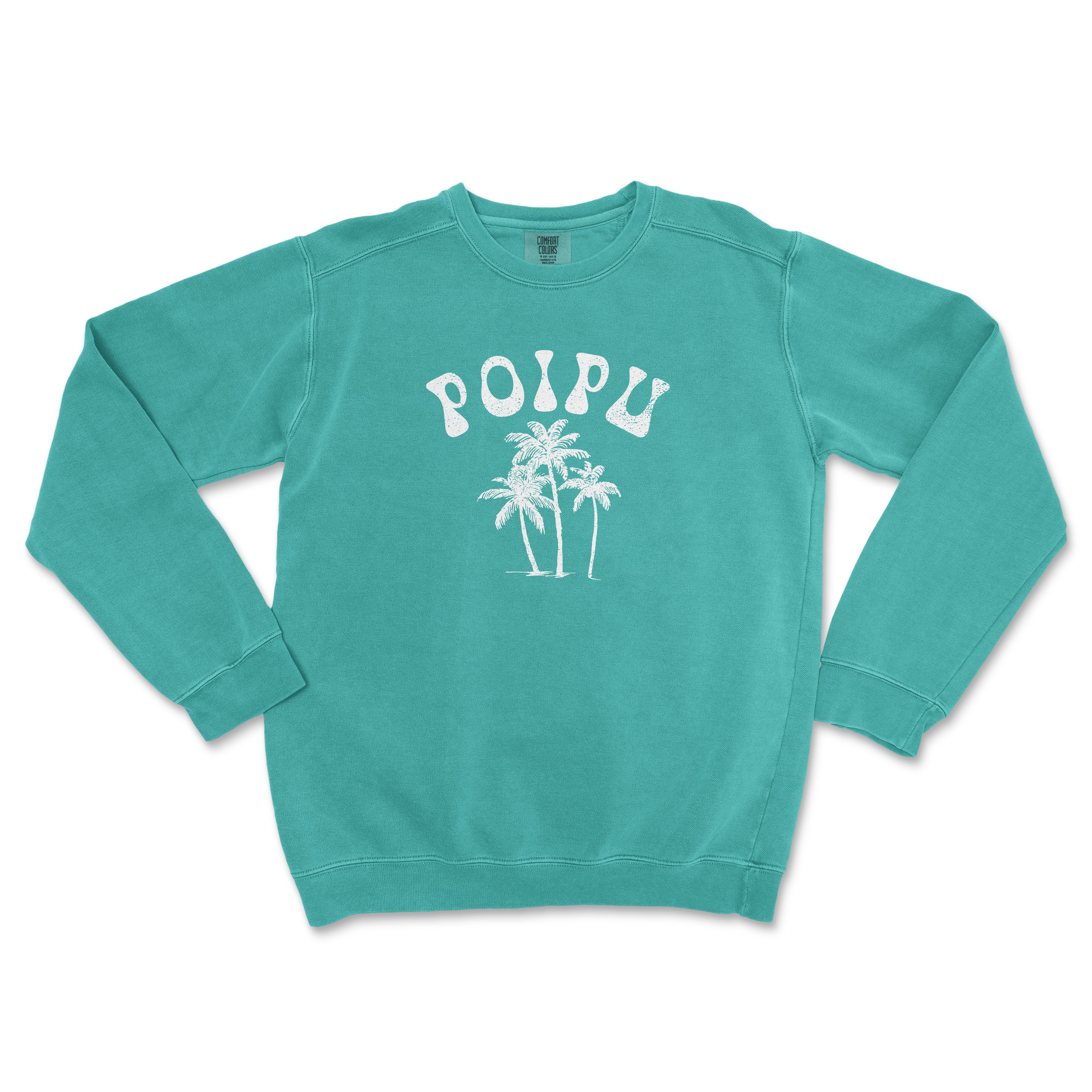 a turquoise sweatshirt with palm trees on it