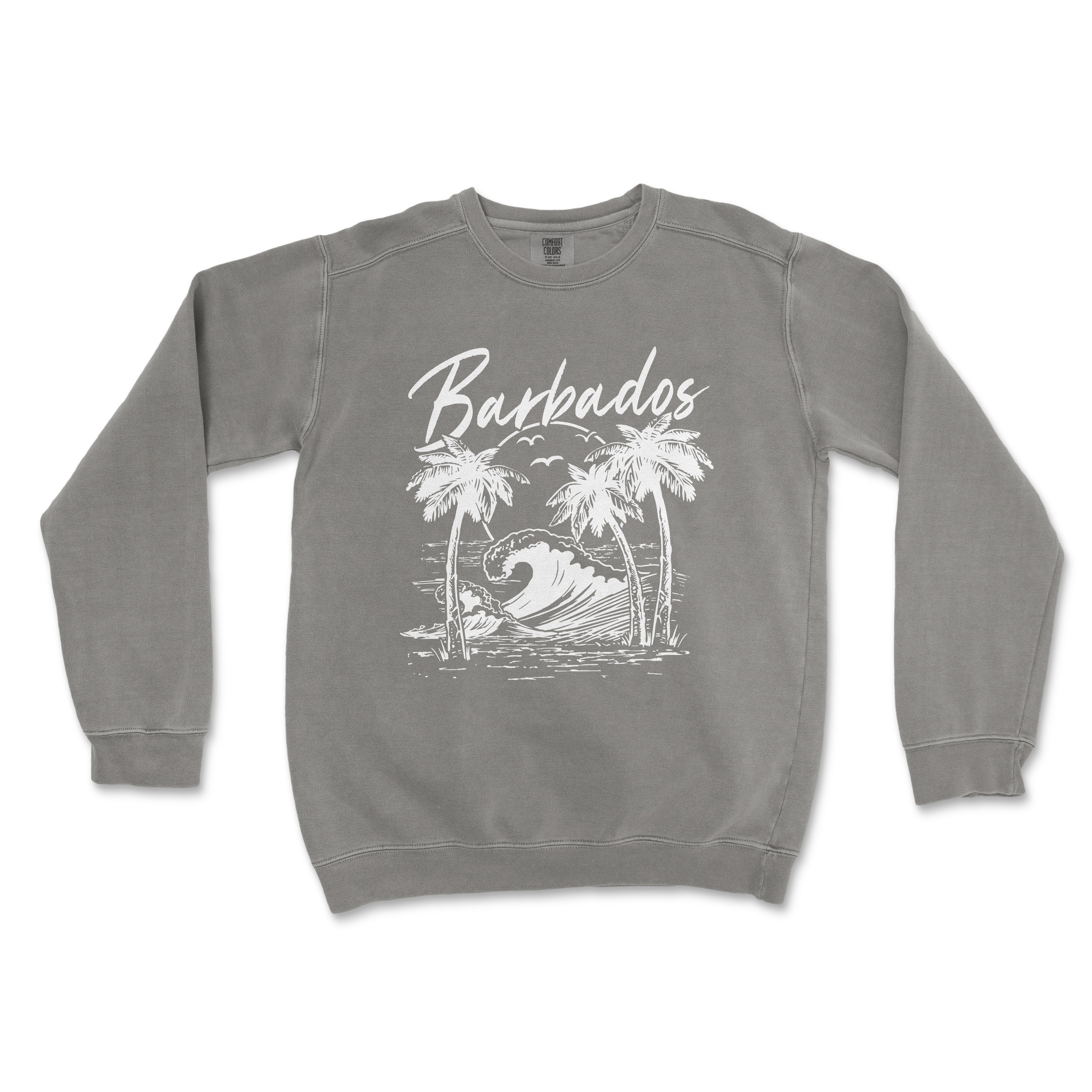 a grey sweatshirt with a picture of a wave and palm trees