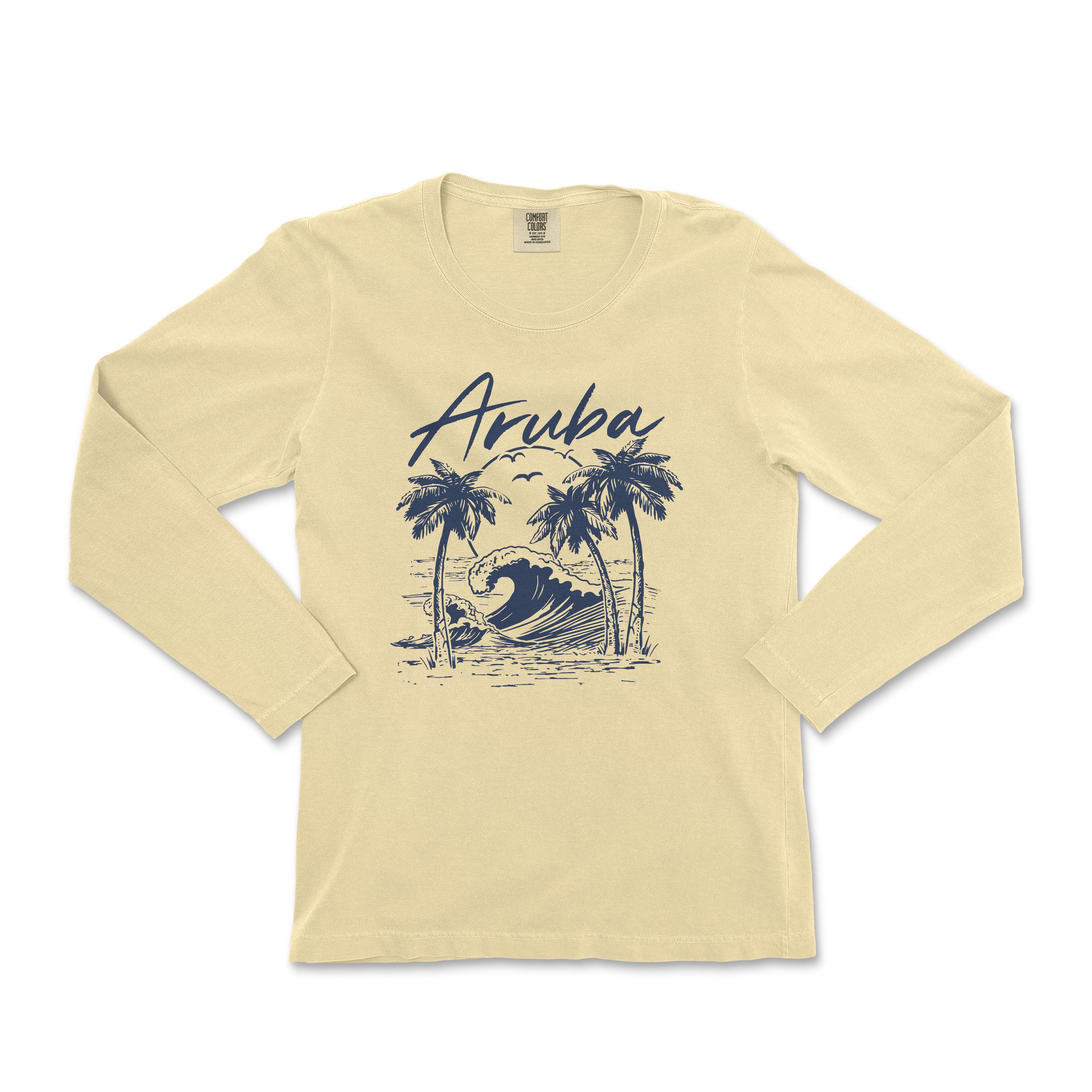 a women's long sleeve shirt with an image of a surfer and palm trees