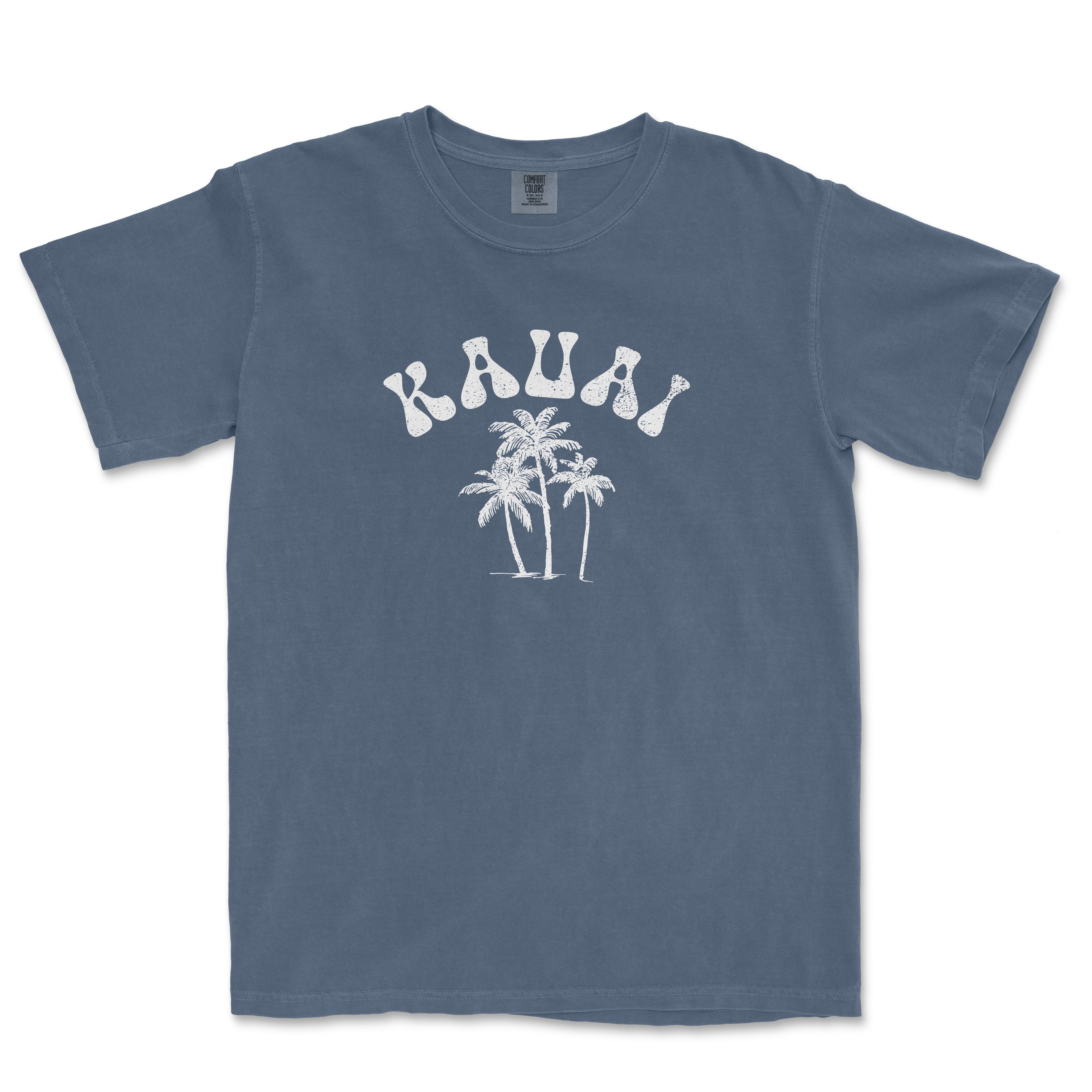 a blue t - shirt with a palm tree in the middle of it