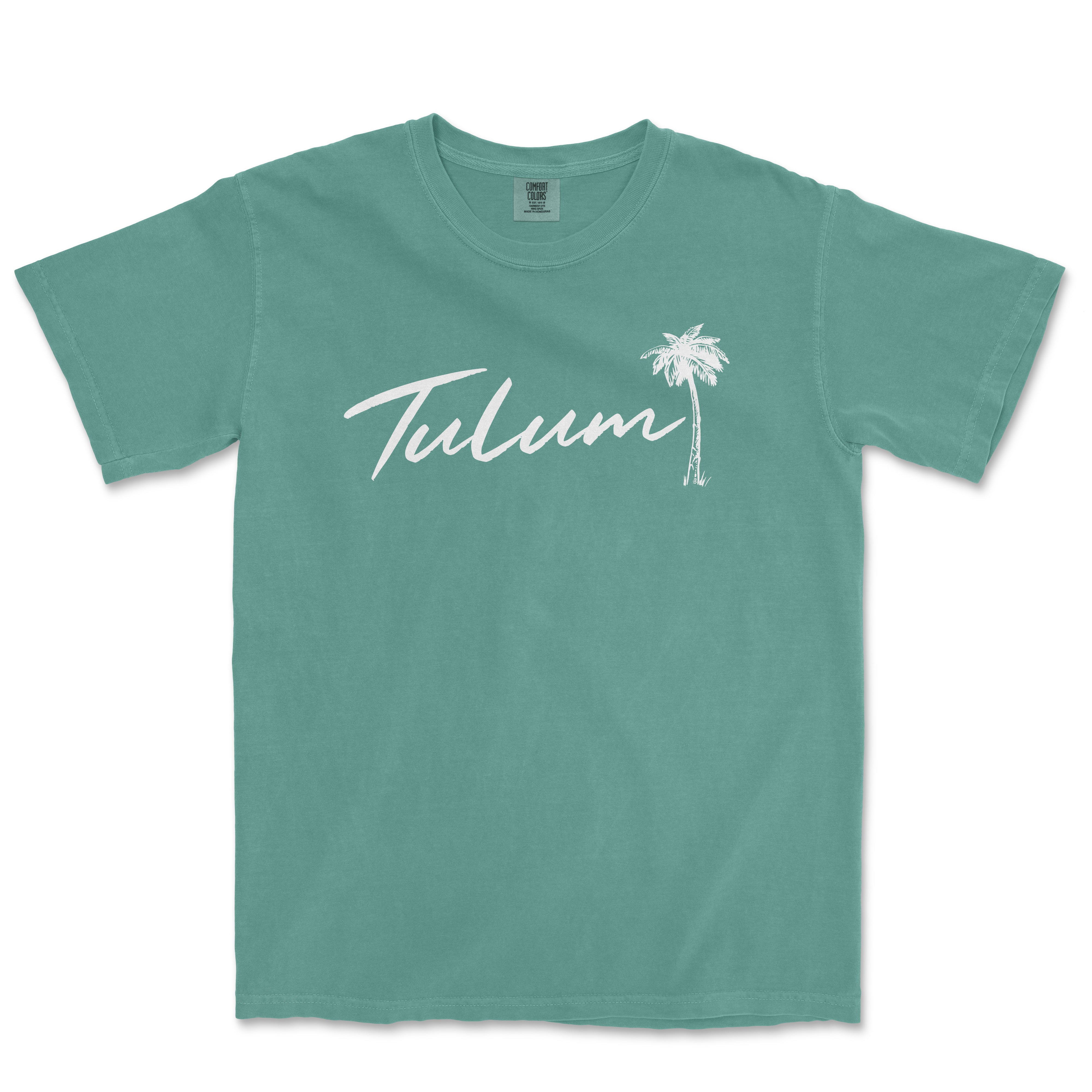 a green t - shirt with the word tulum written in white