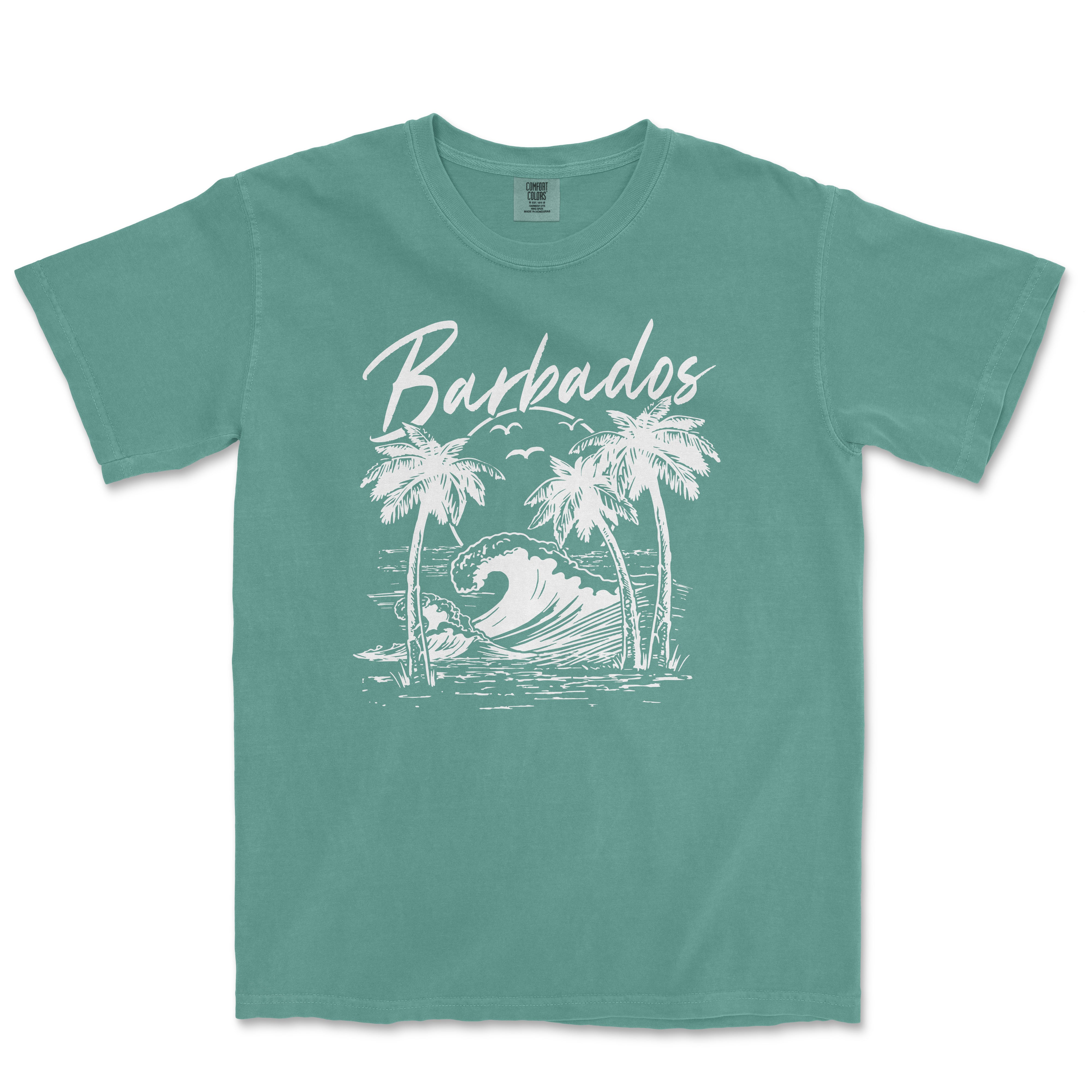 a t - shirt with a surfboard and palm trees on it