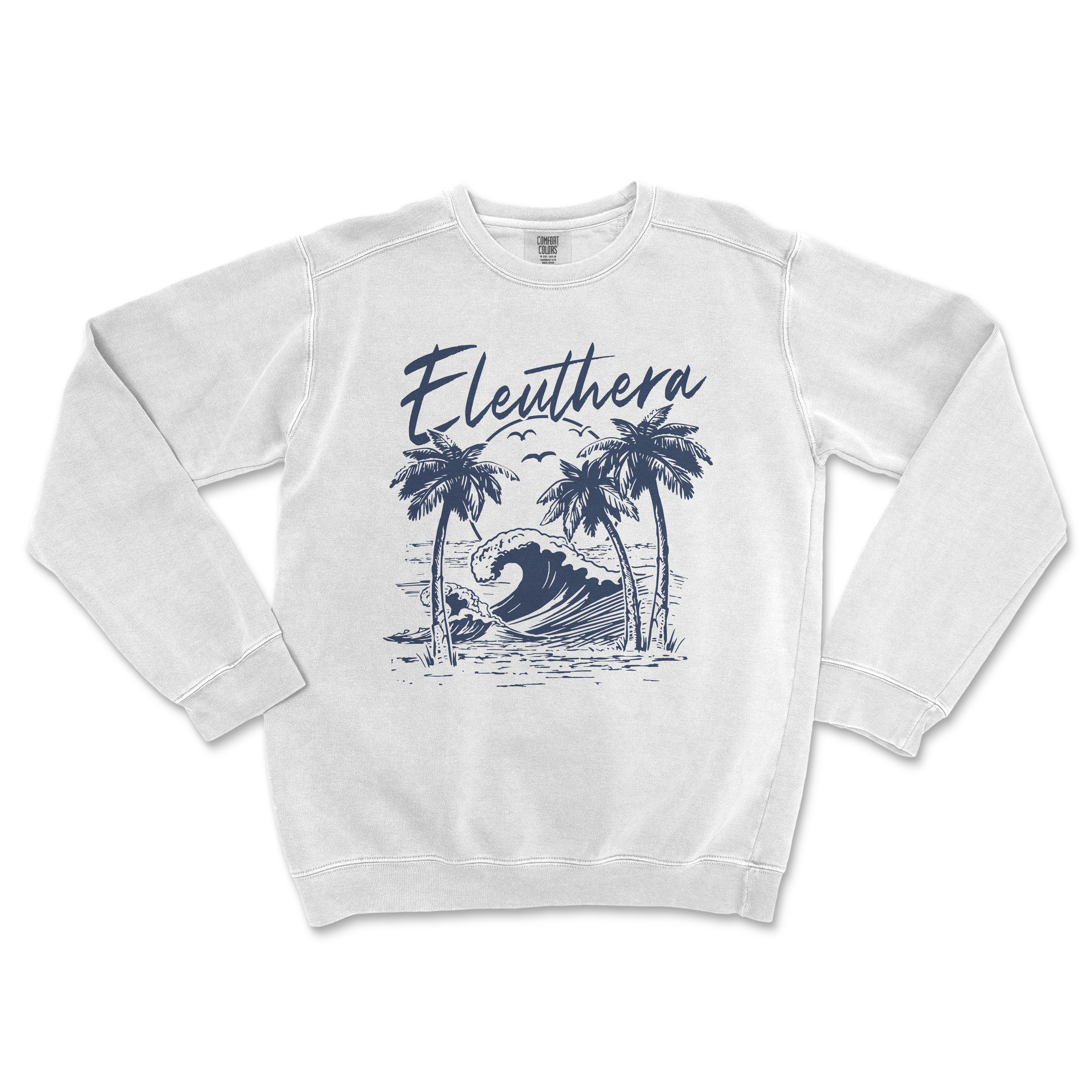 a white sweatshirt with a palm tree and a wave on it