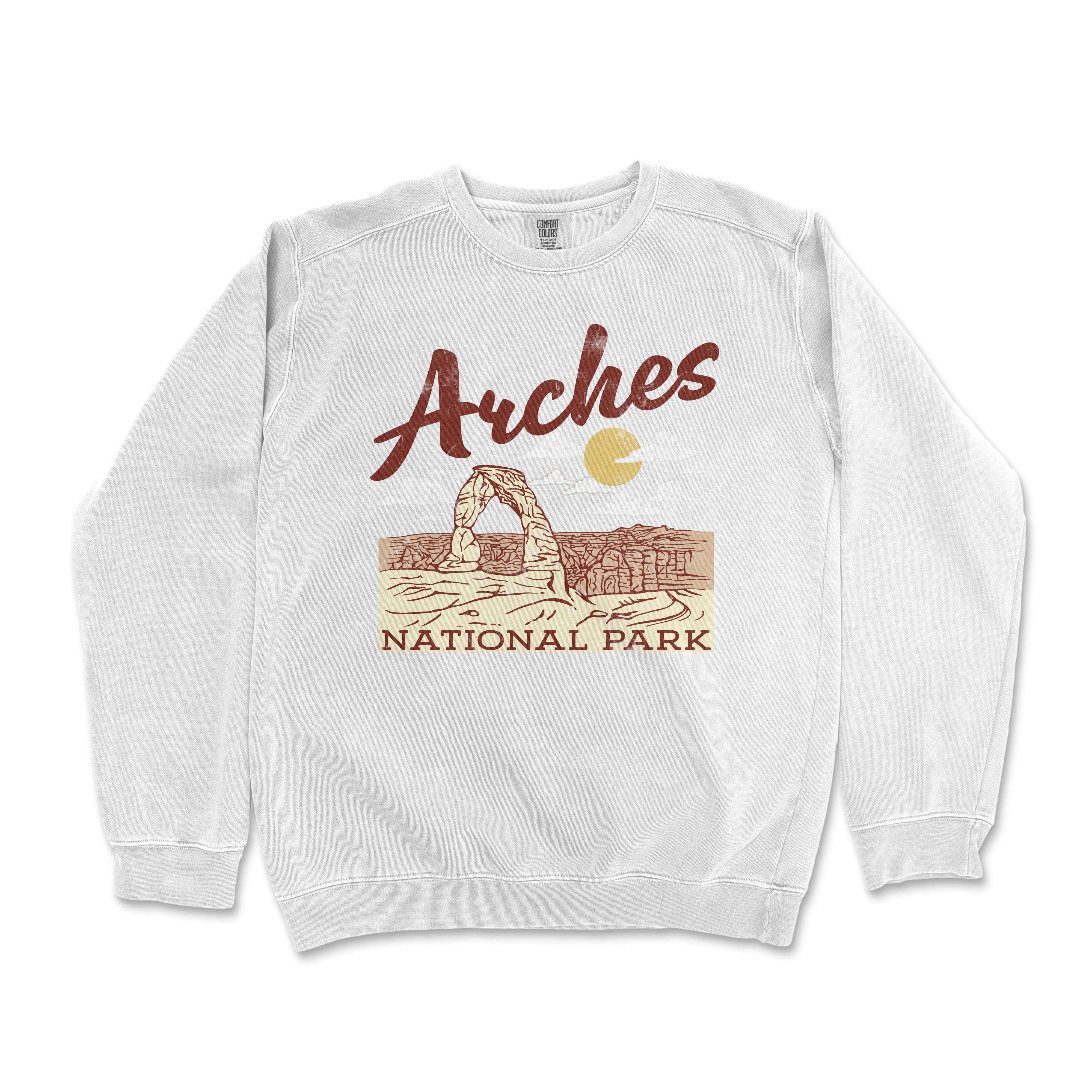 a white sweatshirt with arches national park on it