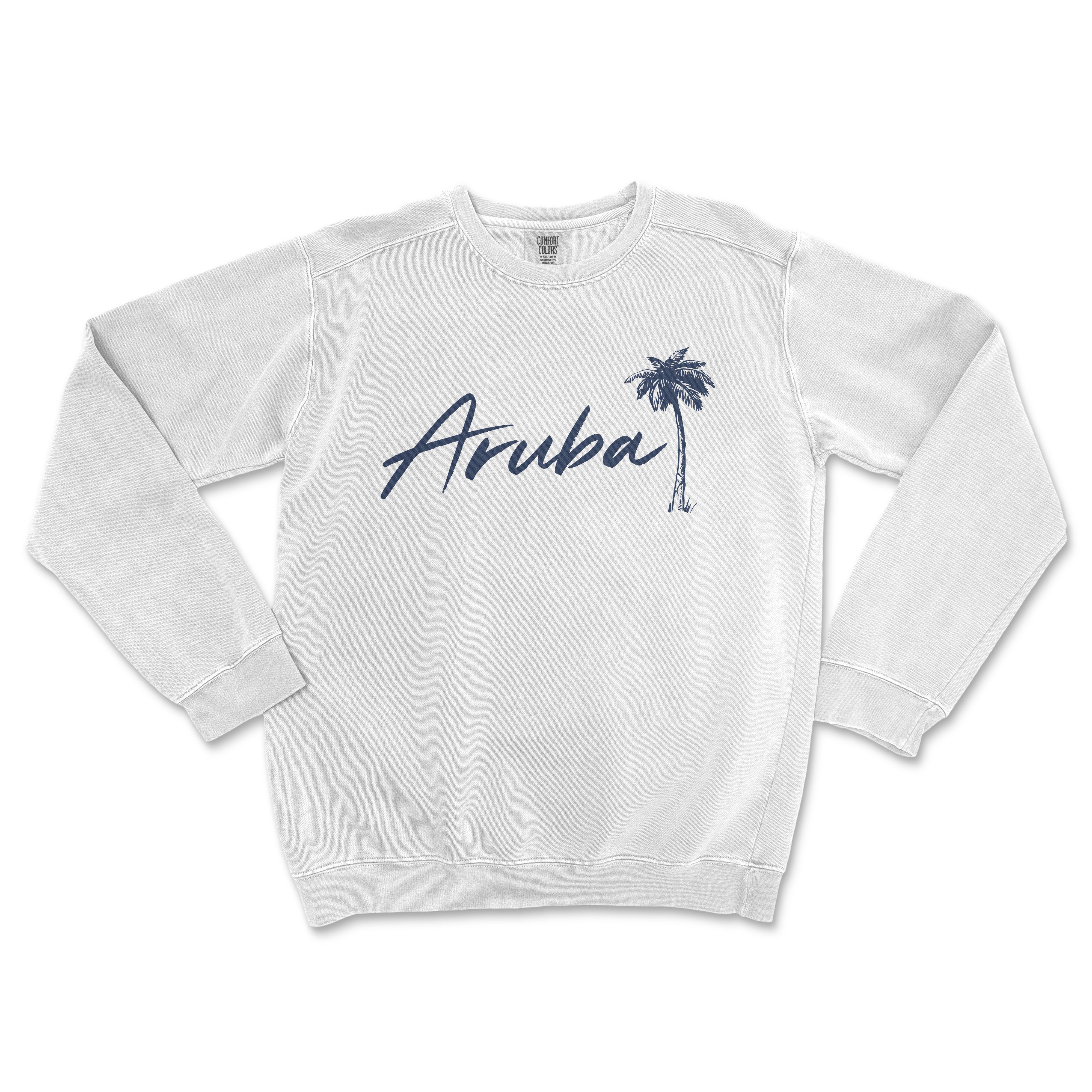 a white sweatshirt with the word aruba on it