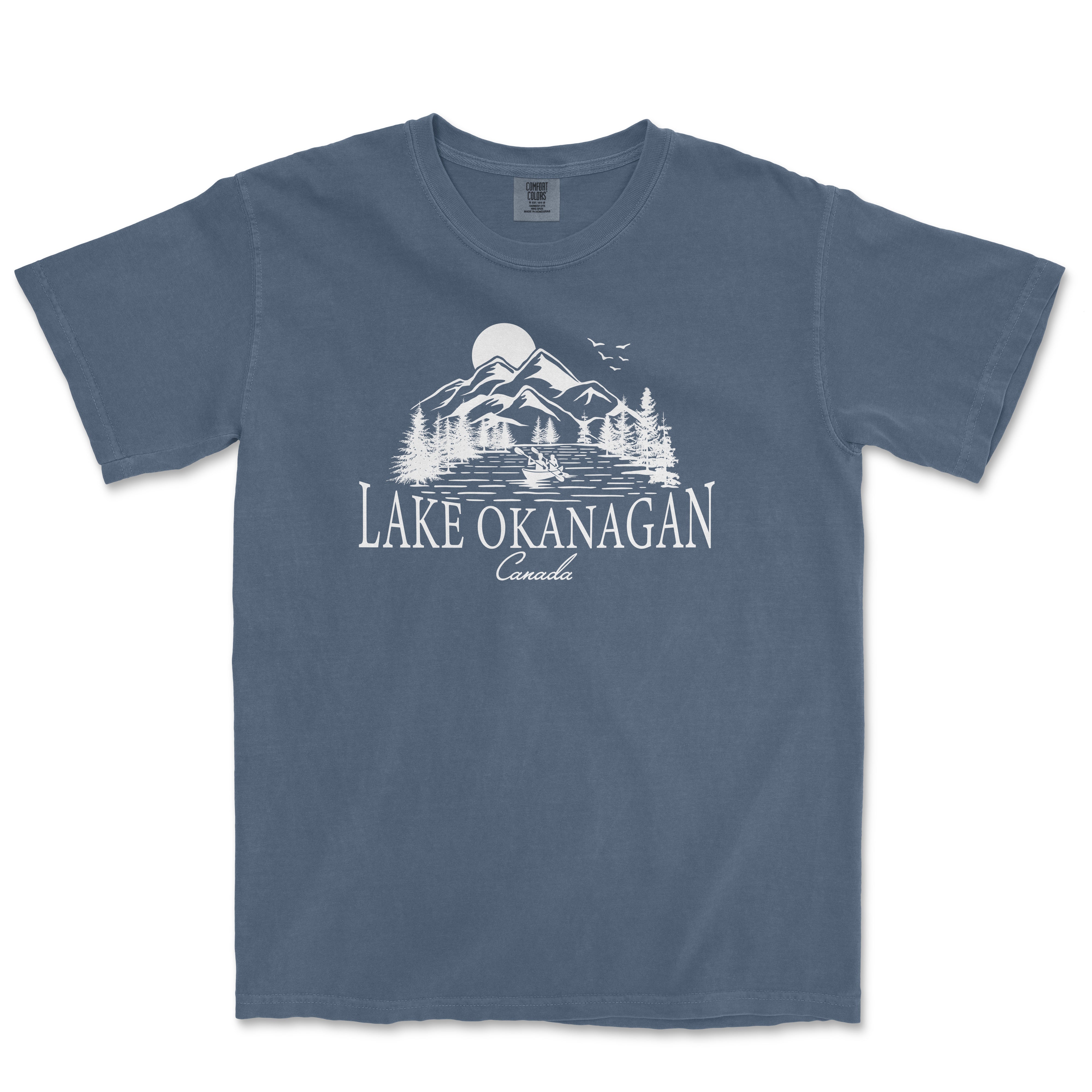 a blue shirt with the words lake okanagan on it